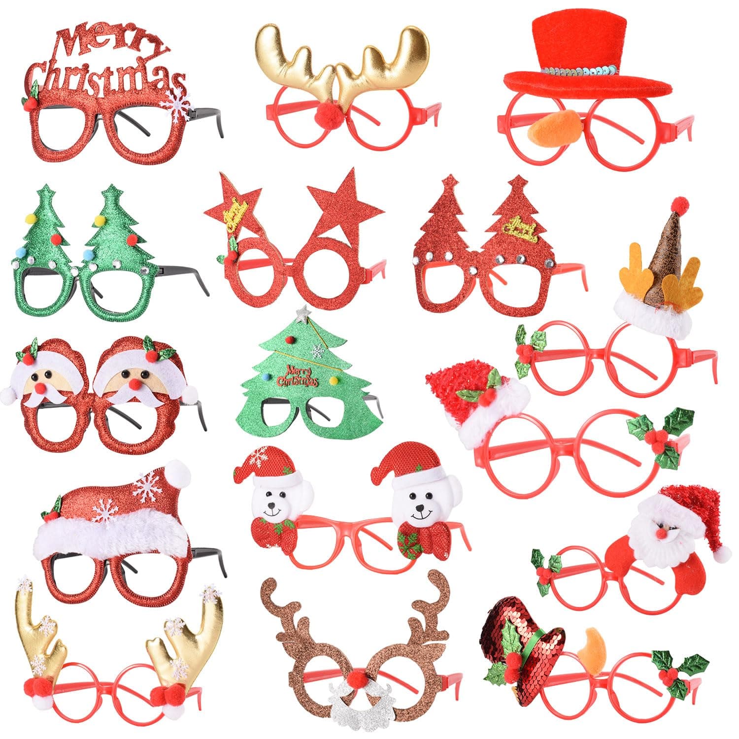 16 PCS Christmas Holiday Glasses for Kids & Adults ,Cute Christmas Glasses Frames,Fun Christmas Party Favors Festive Decorations & Trinkets , Perfect for Goodie Bag Stuffers ，Photos booth