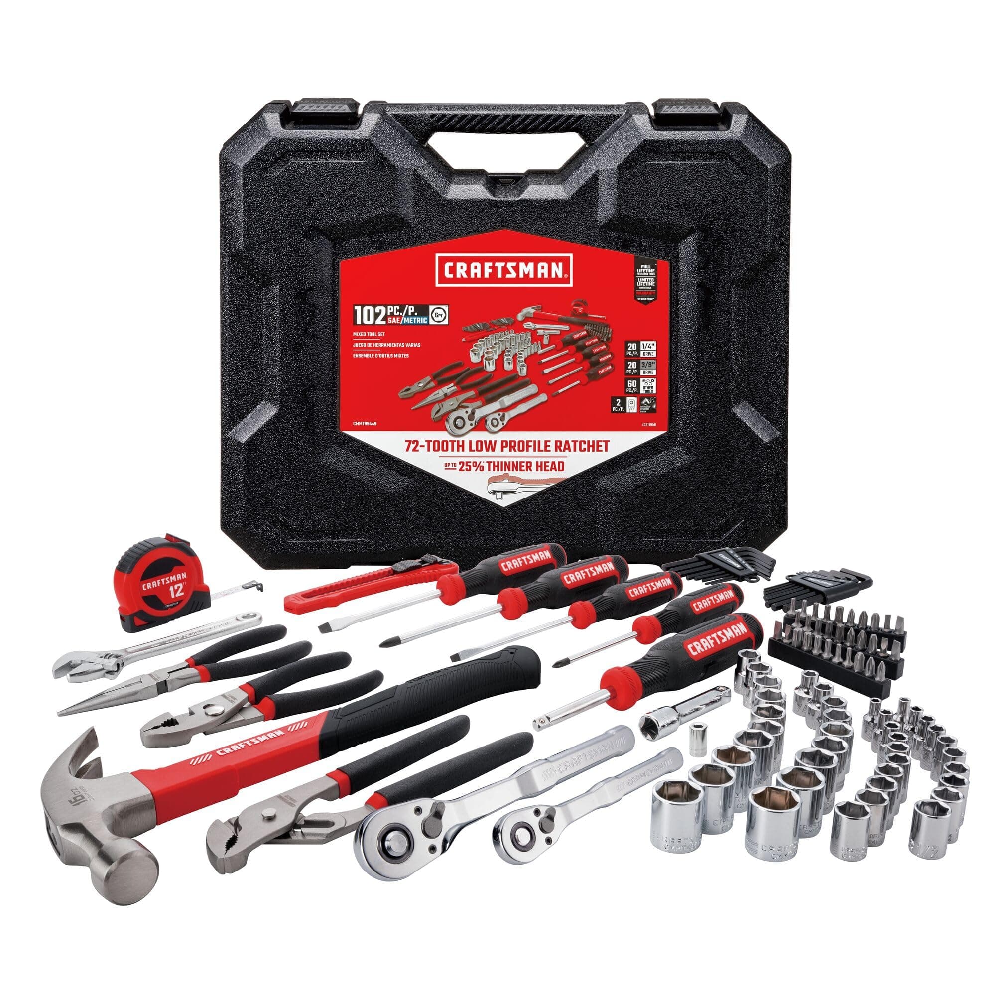 CRAFTSMAN Mechanics Tool Set, 102 Piece Hand Tool and Socket Set SAE/Metric (CMMT99449)