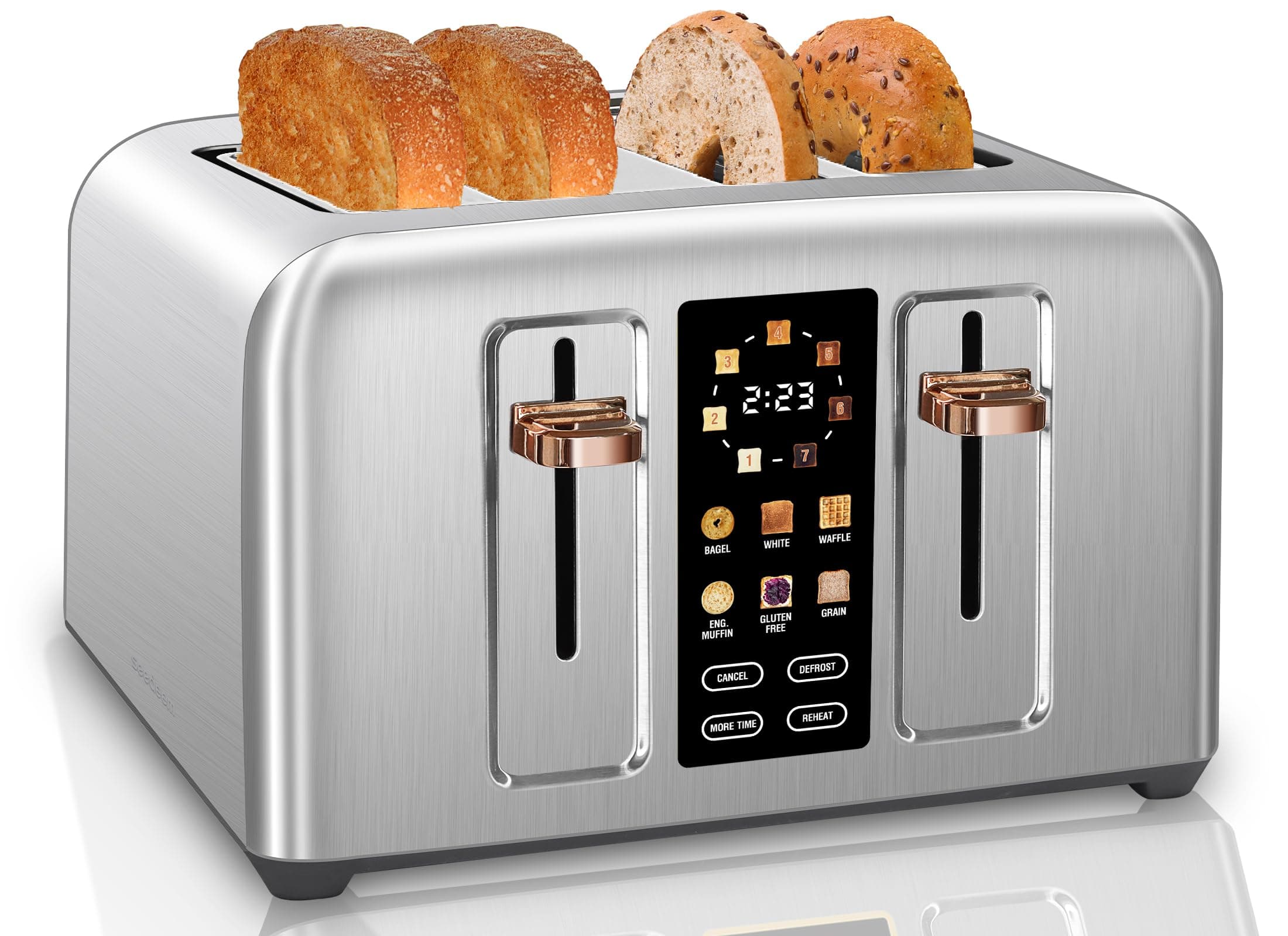 SEEDEEM Toaster 4 Slice, Full Touch control Toaster, LCD Display, 6 Bread Type, 7 Shade Settings, 1.4''Wide Slots,More Time Function, Removable Crumb Tray, 1800W, Silver Metallic
