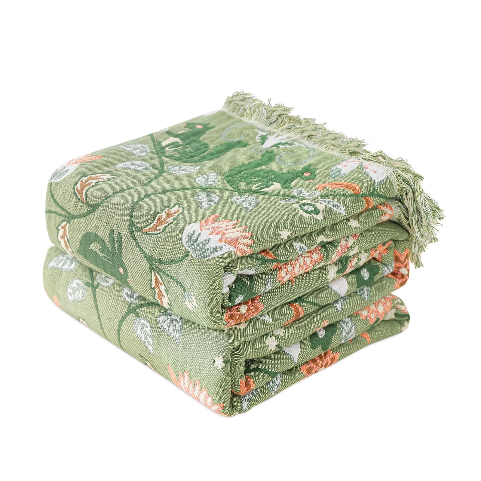 Boho Throw Blanket for Bed 100% Cotton Ultra Soft Rustic Quilt Farmhouse Decor Bed Fall Blanket,All Season Rustic Throw for Sofa Couch Chair (Green World, 90"×98")