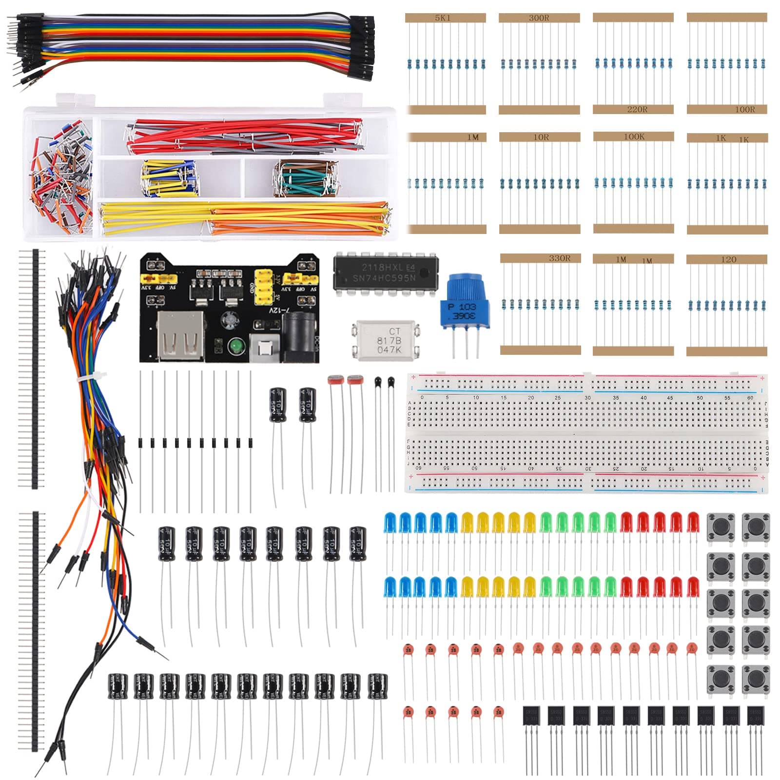 Electronics Component Fun Kit, Electronic Starter Kit with Breadboard Jumper Wires Kit, PCB Soldering Kit, LEDs & Resisitor Kit