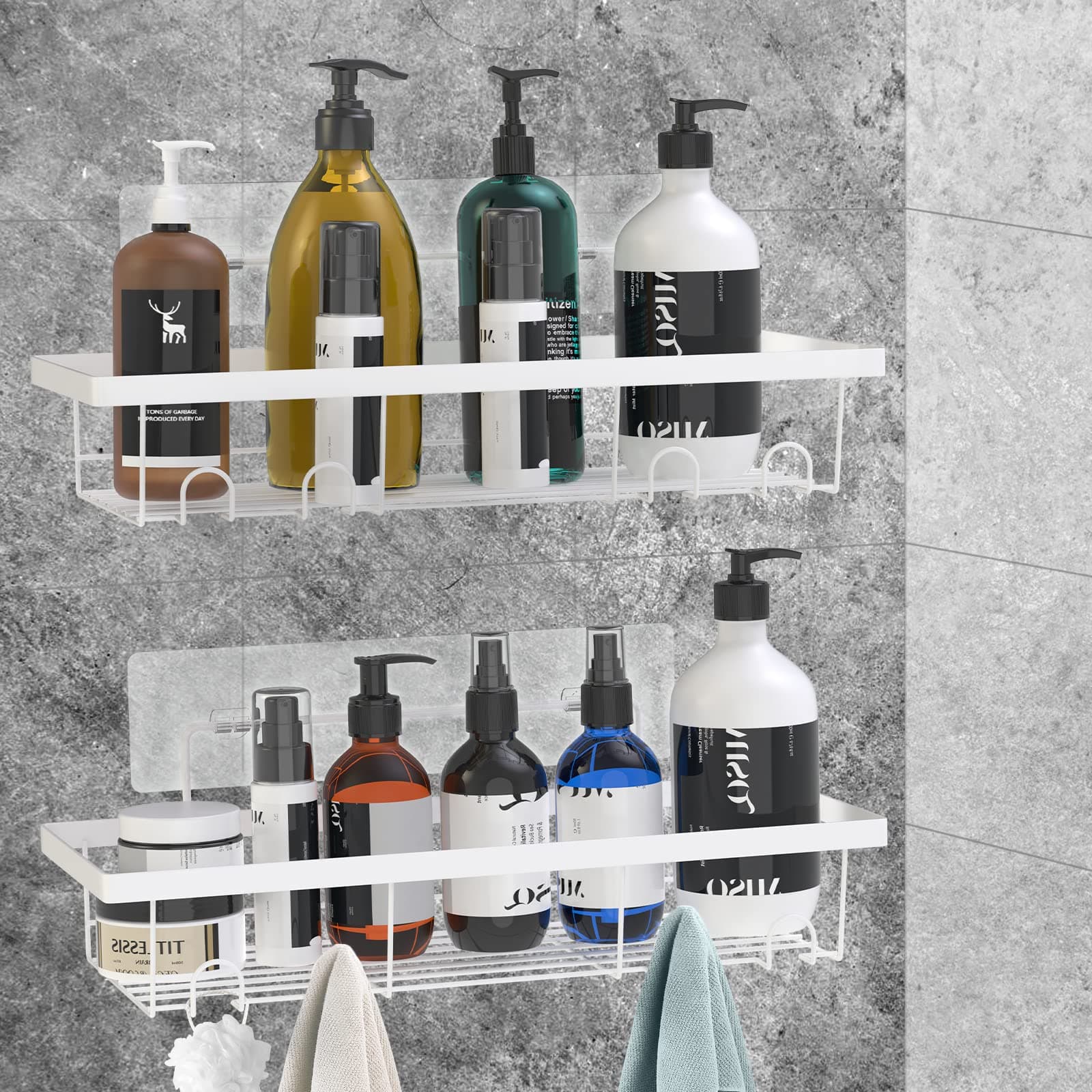 Durmmur 2 Pack Adhesive Shower Caddy Organizer with Hooks, Rustproof No Drilling Wall Mounted Storage Shelf Rack for Inside Shower/Bathroom/Kitchen (White)