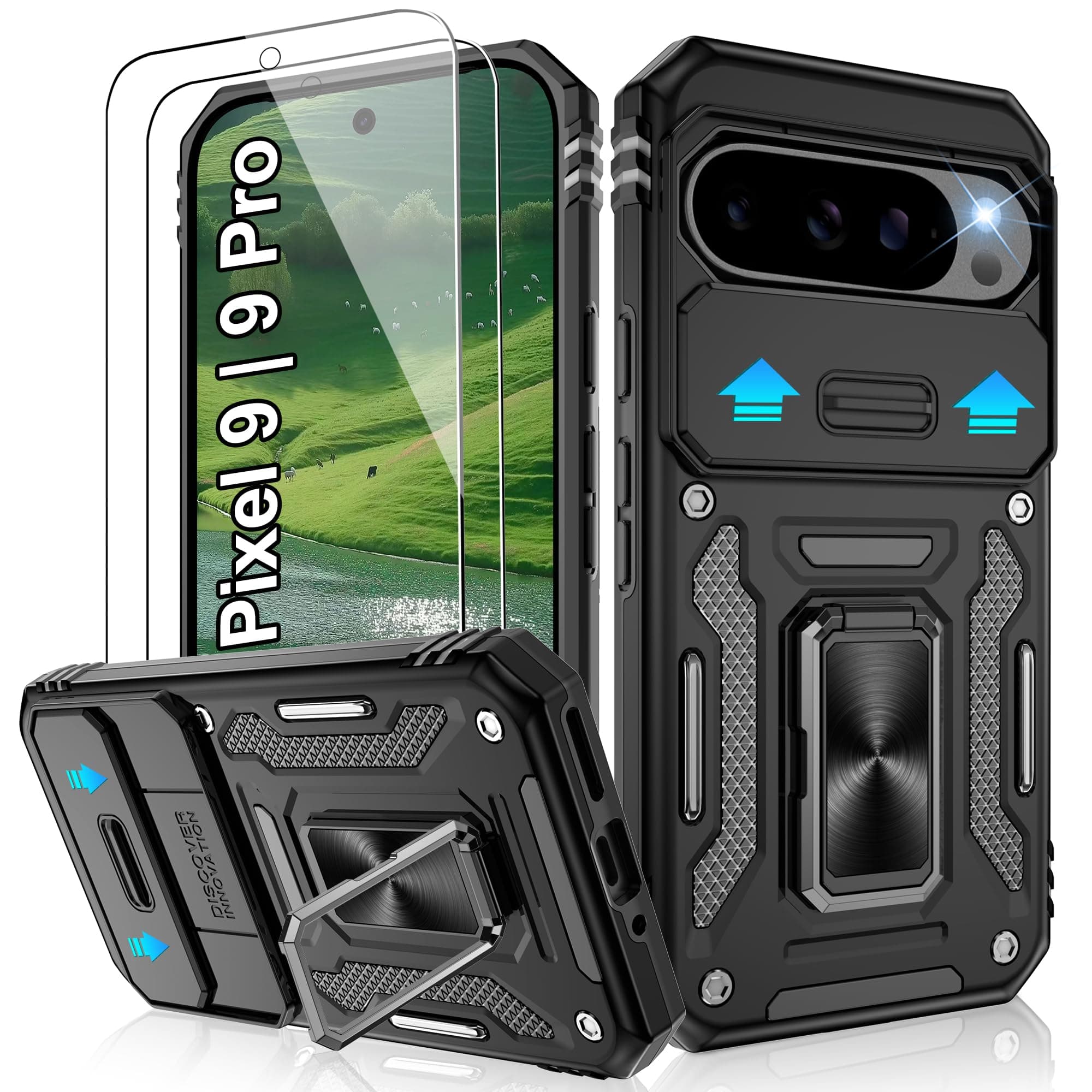 for Google Pixel 9 Case,Pixel 9 Pro Case,with 2 Pack Screen Protector,Military Grade Shockproof Case with Slide Camera Cover,Ring Stand Phone Cover for Google Pixel 9 | Pixel 9 Pro,Black