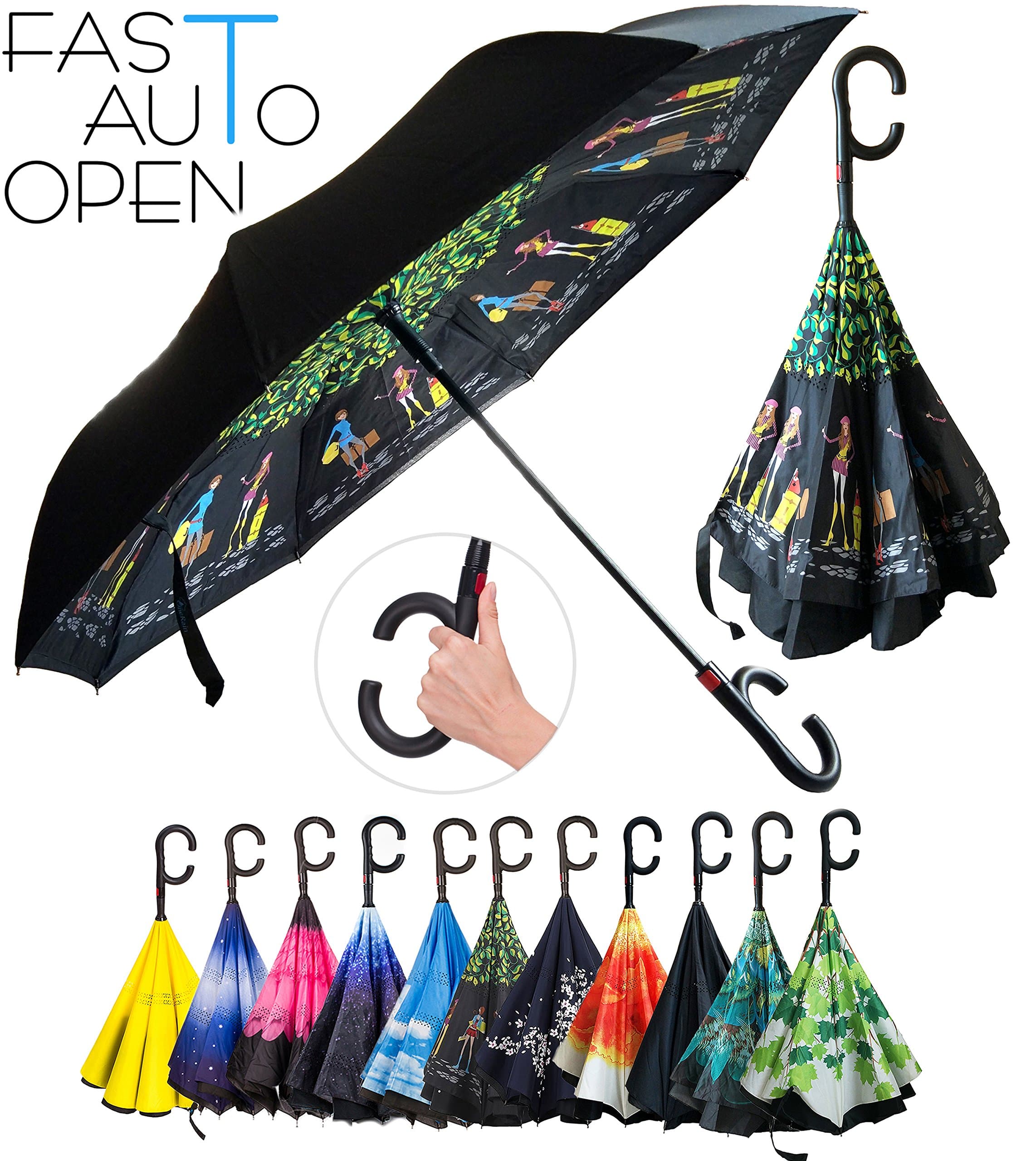 Double Layer Inverted Umbrella Auto Open Reverse Folding Umbrella Windproof UV Protection Big Straight Umbrella for Car Rain Outdoor Use