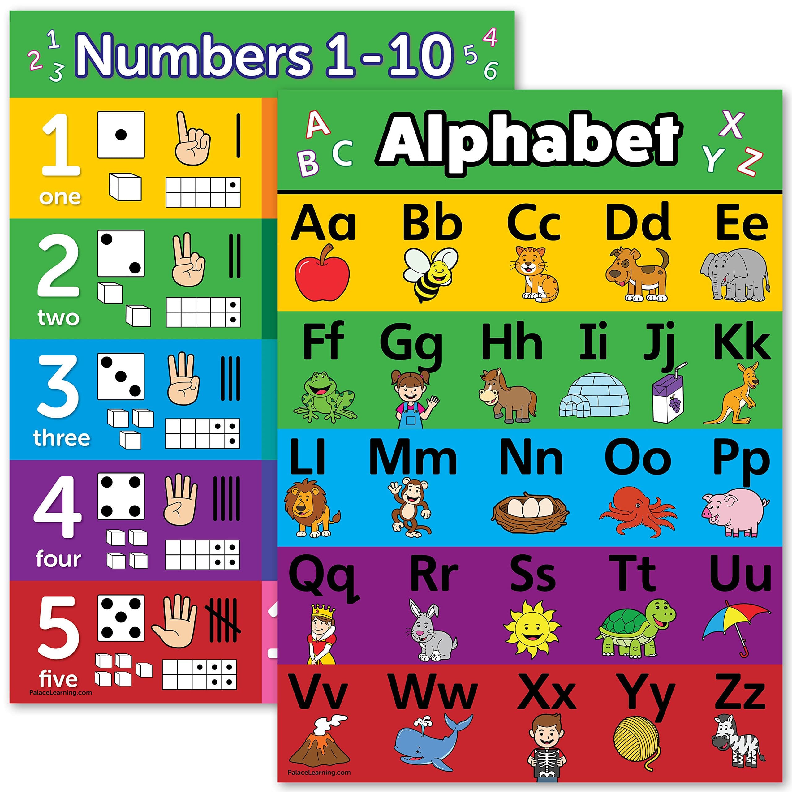 Palace Learning ABC Alphabet & Numbers 1-10 Visual Poster Chart Set - LAMINATED - Double Sided 18 x 24 ABC1-10VL