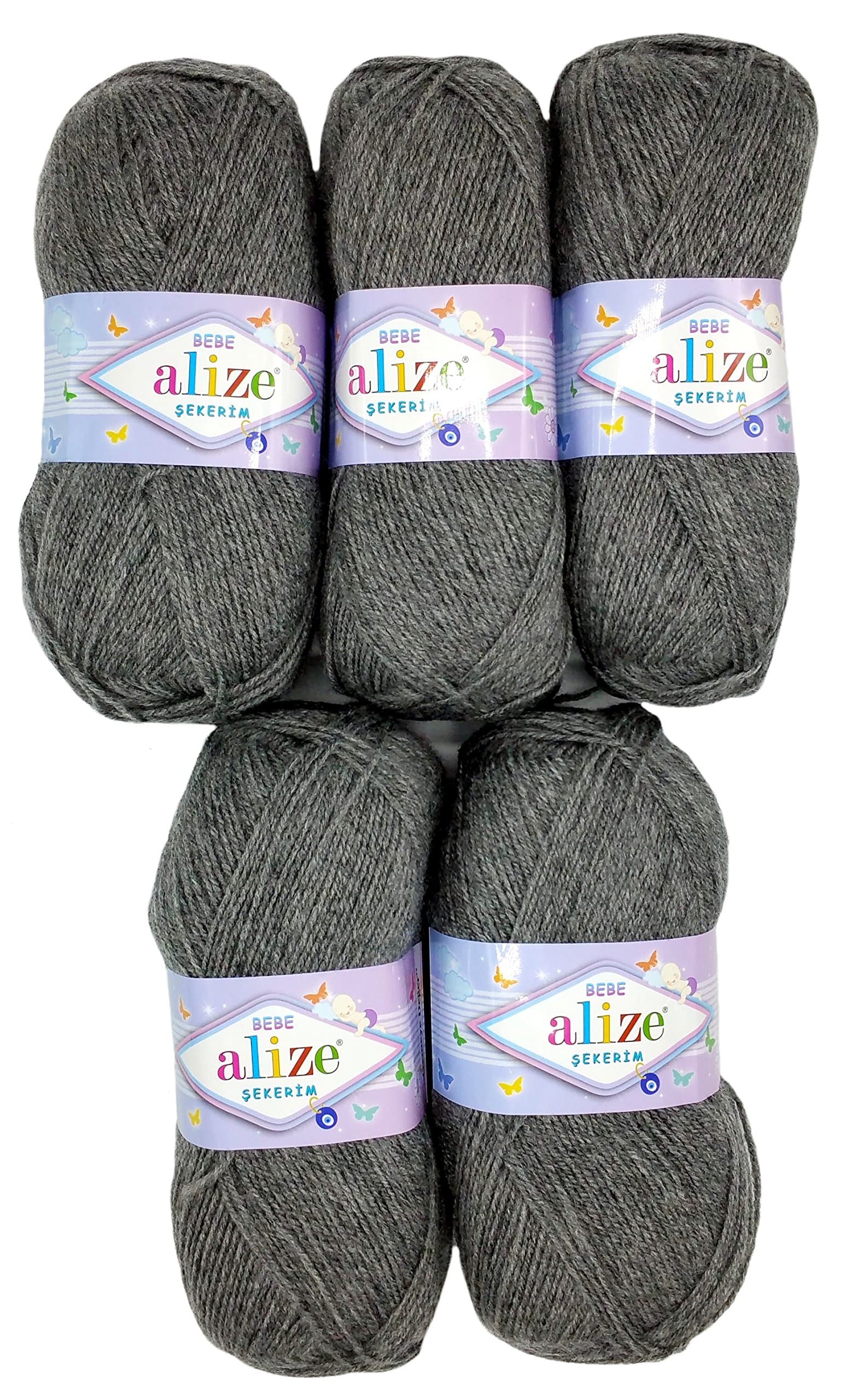 5 x 100 g Alize Bebe Knitting Wool Plain 500 g Wool for Knitting and Crochet (Grey 197)