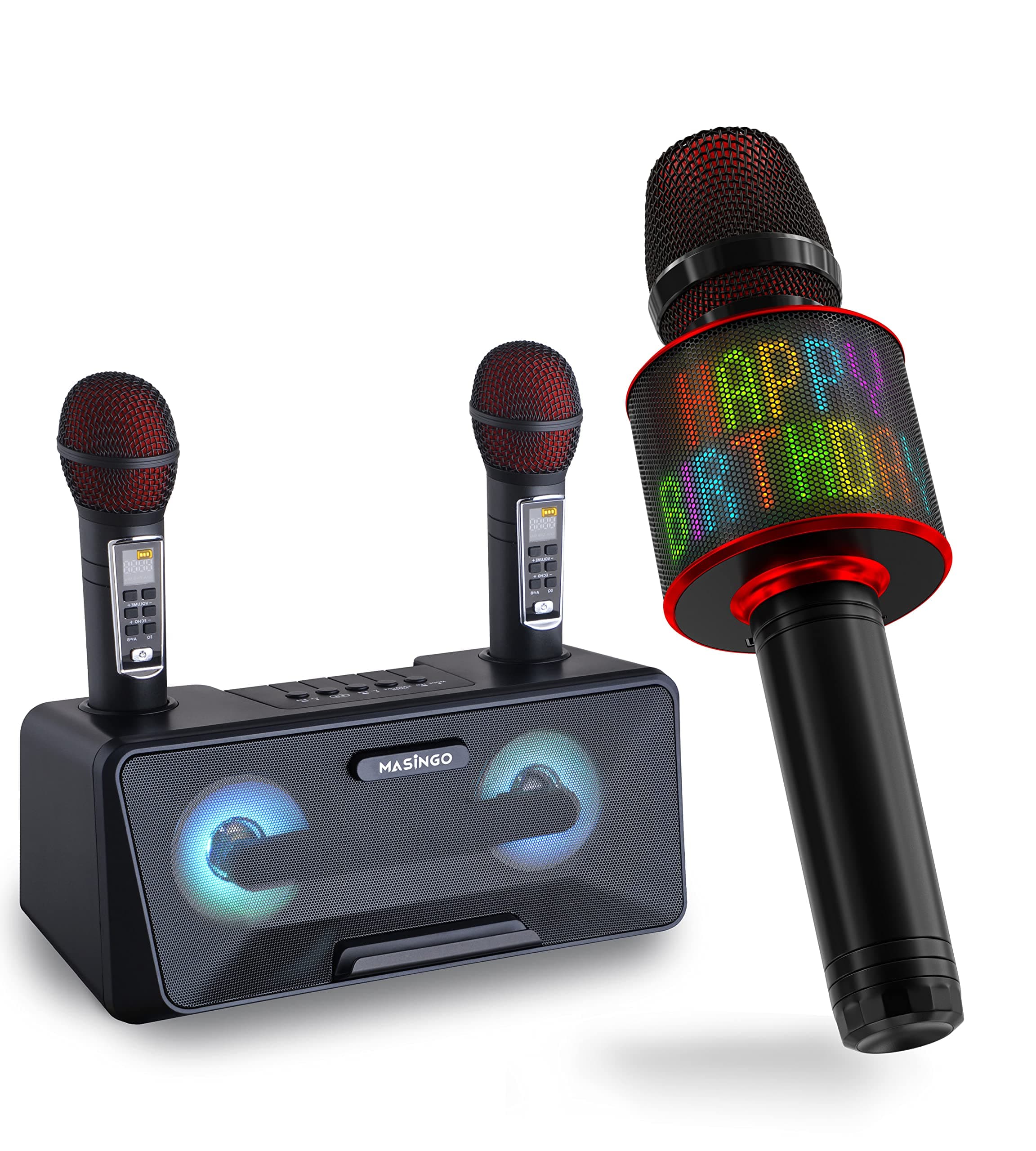 Masingo Bundle with Presto G2 Karaoke Machine (Bluetooth/USB/AUX 2 Wireless Mics – Black) + Spirito H11 Wireless Portable Microphone (Exclusive Customizable LED Lights Display) - for All Ages