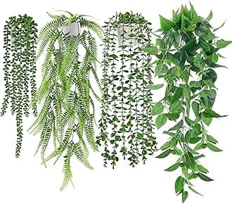 Der Rose 6 Packs Fake Plants Hanging with Pots Artificial Ivy Vine Faux Eucalyptus Hanging Plants, Boston Fern, String of Pearls for Home Room Wall Shelf Indoor Outdoor Decor