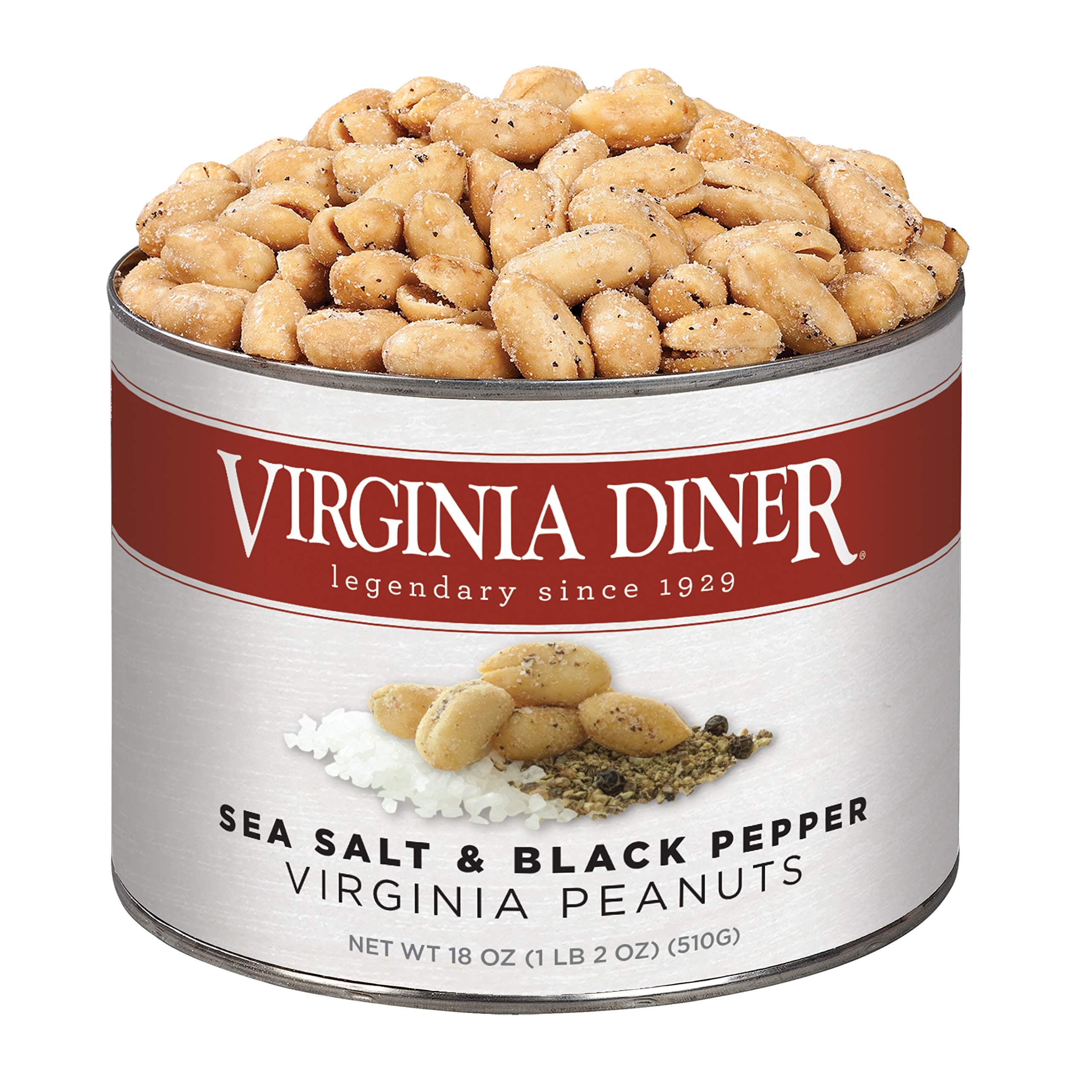 Sea Salt & Pepper Blister Roasted All Natural Seasoned Virginia Peanuts, Gourmet Nuts in Vacuum Sealed Tin 18 oz (Pack of 1)