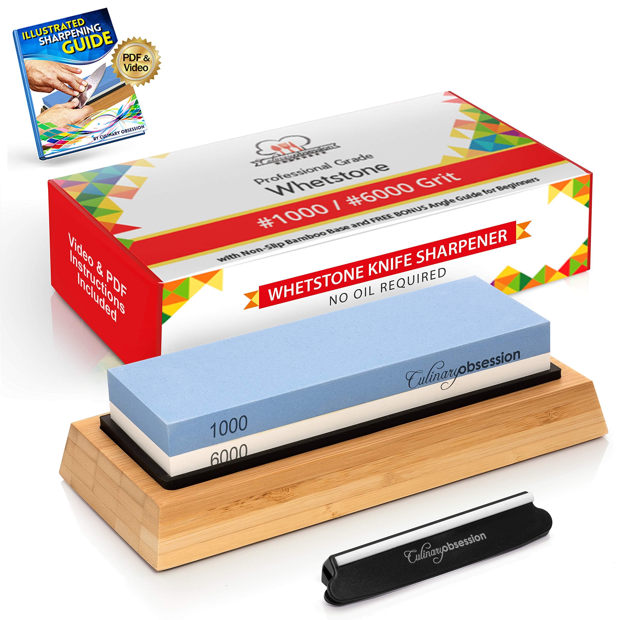 Whetstone Knife Sharpening Stone: 2-Sided Knife Sharpener Set, 1000/6000 Grits, with Non-Slip Base, Angle Guide, Illustrated PDF & Video Instructions - (Arkansas Honing Stone/Japanese Waterstone)