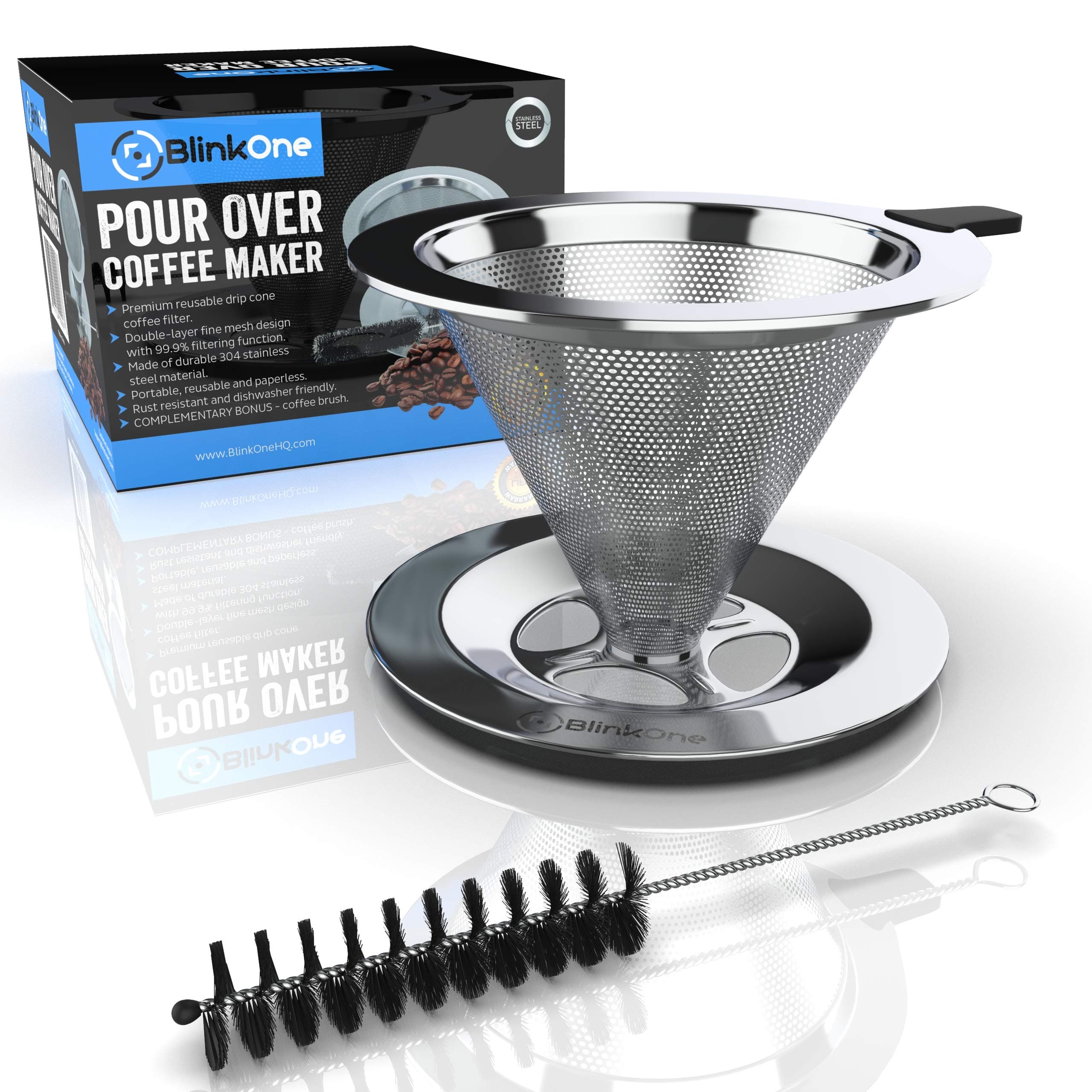 Pour Over Coffee Dripper: Reusable Single Cup Cone Filter Maker with Cleaning Brush