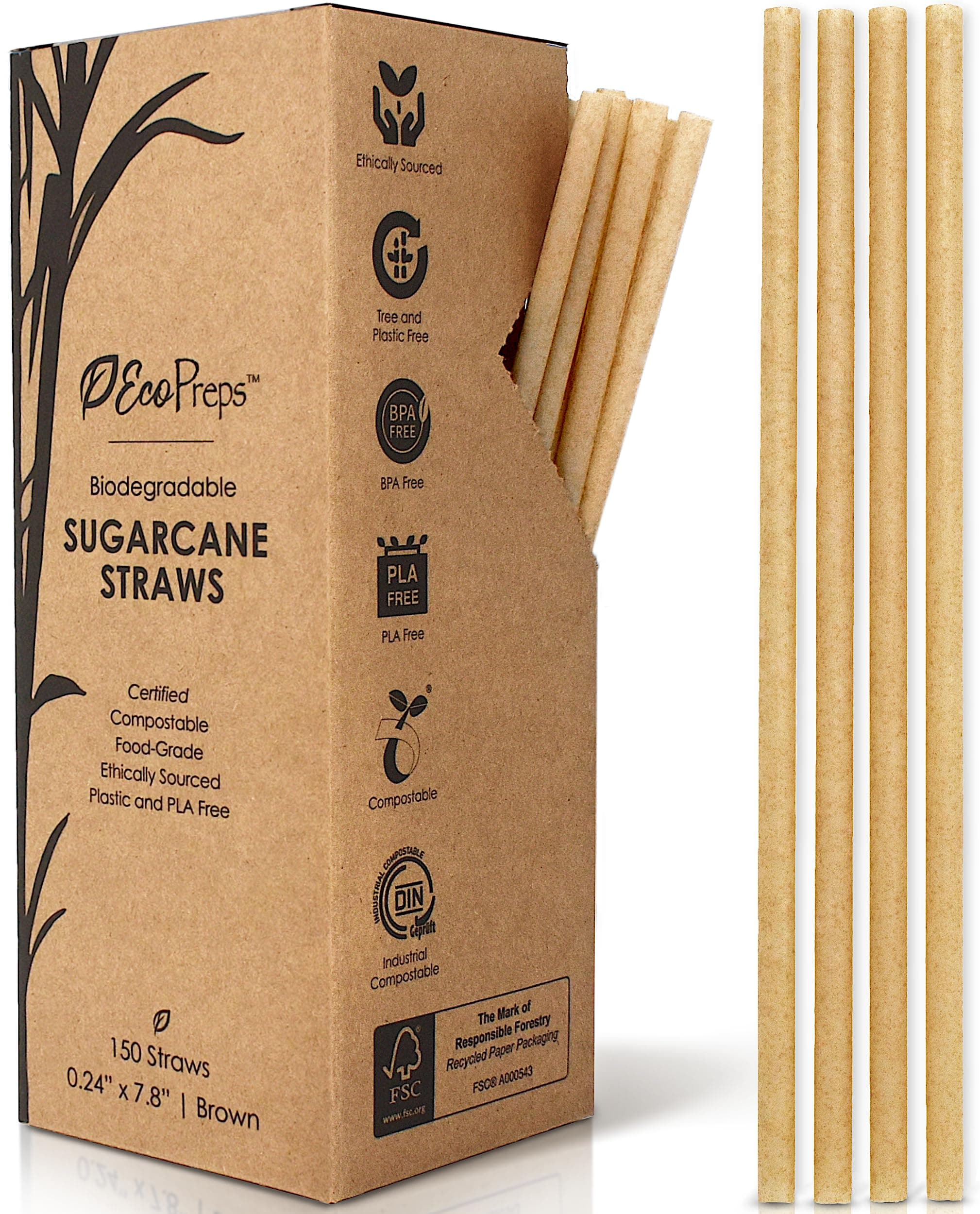 EcoPreps Biodegradable Sugarcane Straws | 150 Count, 100% Compostable, Plastic-Free, & Eco-Friendly Drinking Straw | 7.8'' Sugar Fiber Disposable Straws, Smoothie Straw for Home, Restaurant, Parties