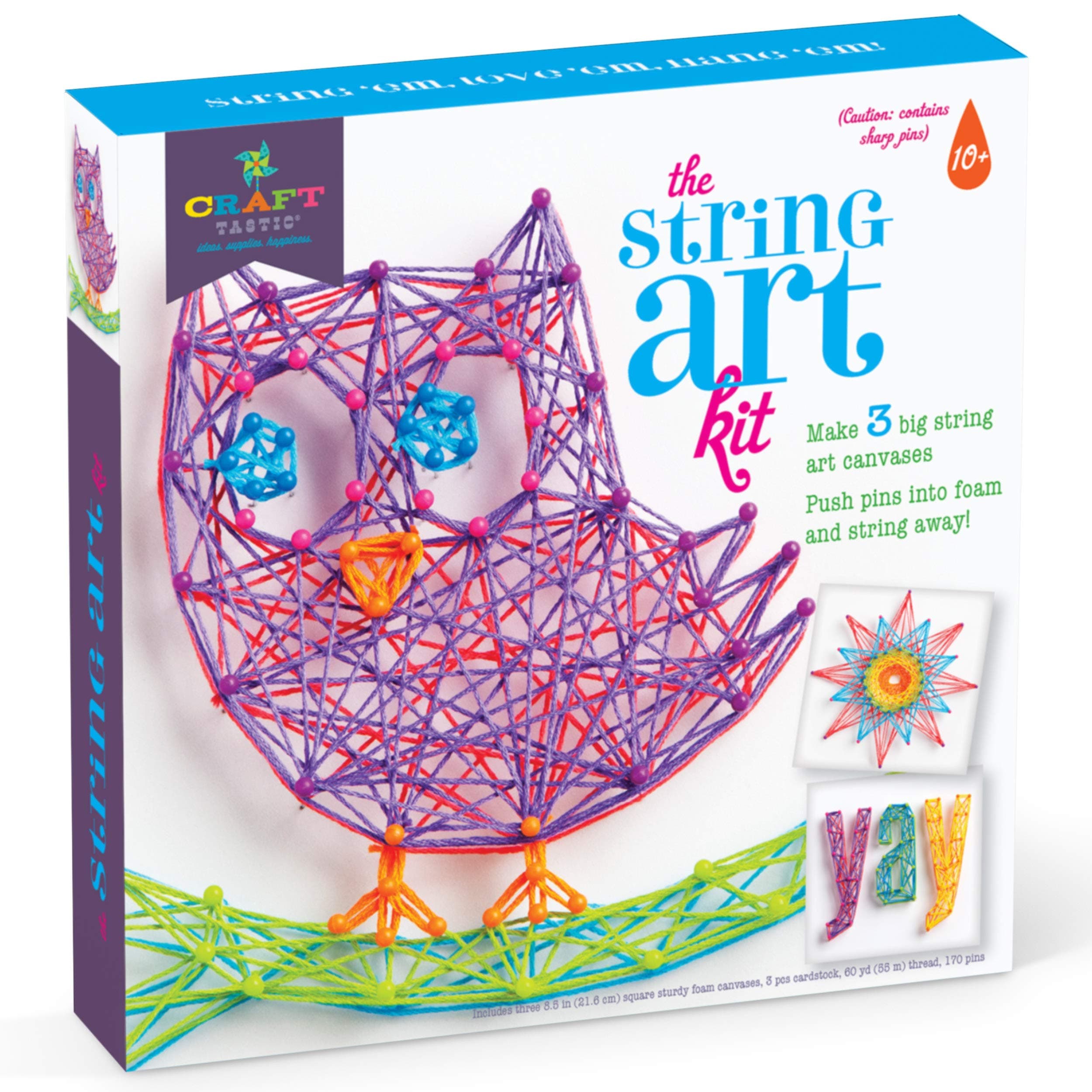 Craft-tastic String Art Kit Lv, Craft Kit Makes 3 Large String Art Canvases, Multicolor