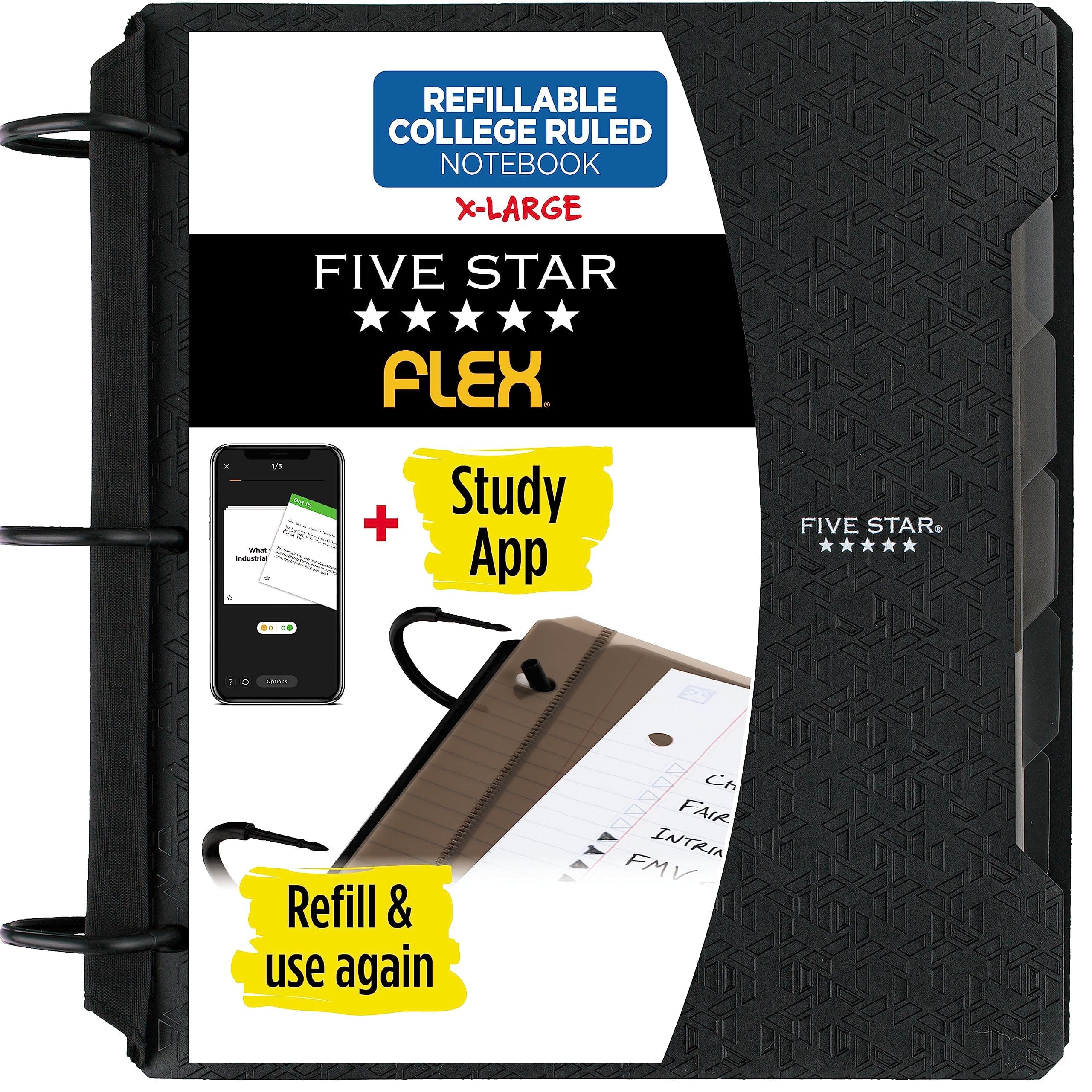 Flex Refillable Notebook + Study App, College Ruled Paper and 1-1/2 Inch TechLock Ring Binder with Pockets, Tabs and Dividers, 300 Sheet Capacity, Black (29324AA2)