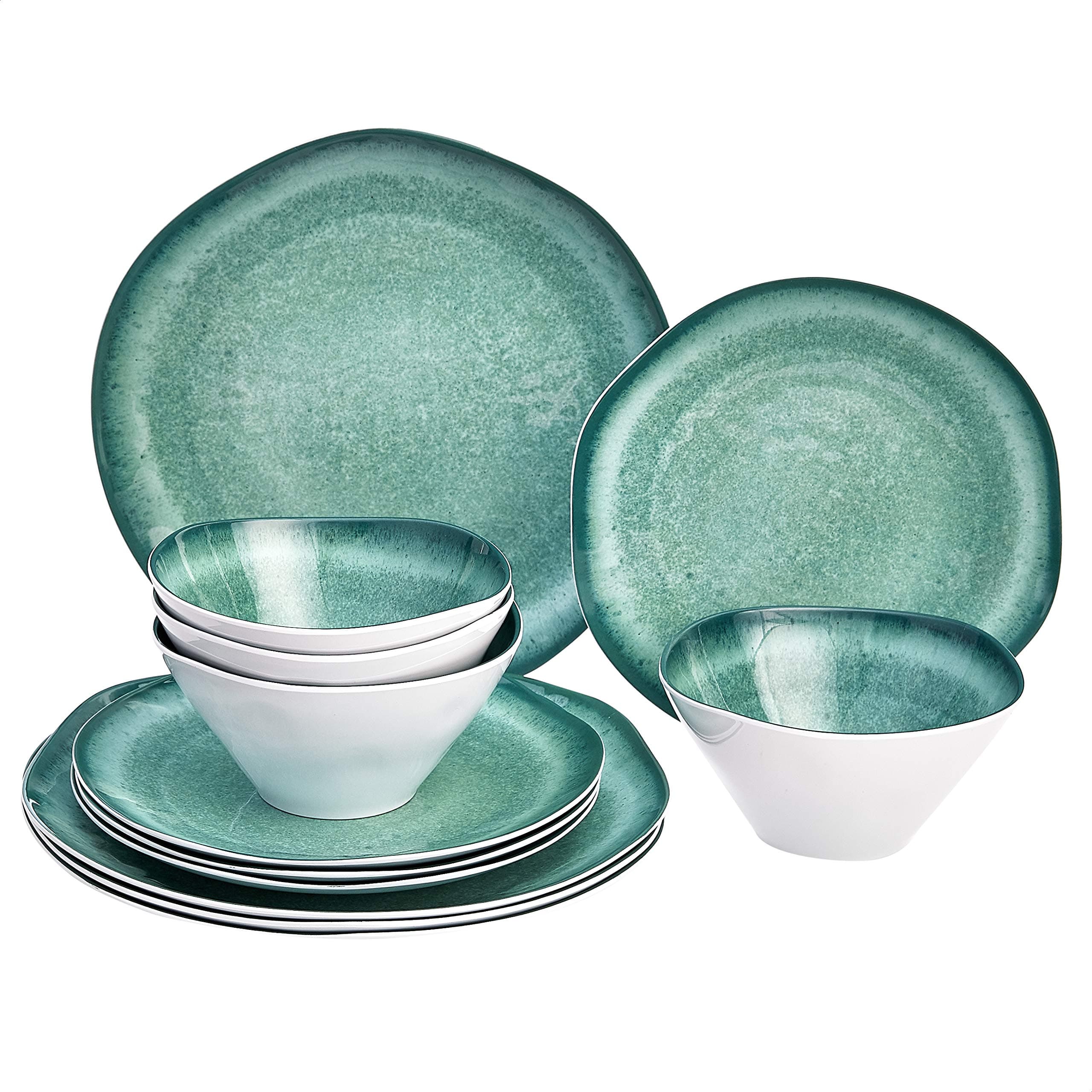 Amazon Basics 12-Piece Melamine Dinnerware Set - Service for 4, Teal Glaze with Rustic Edge