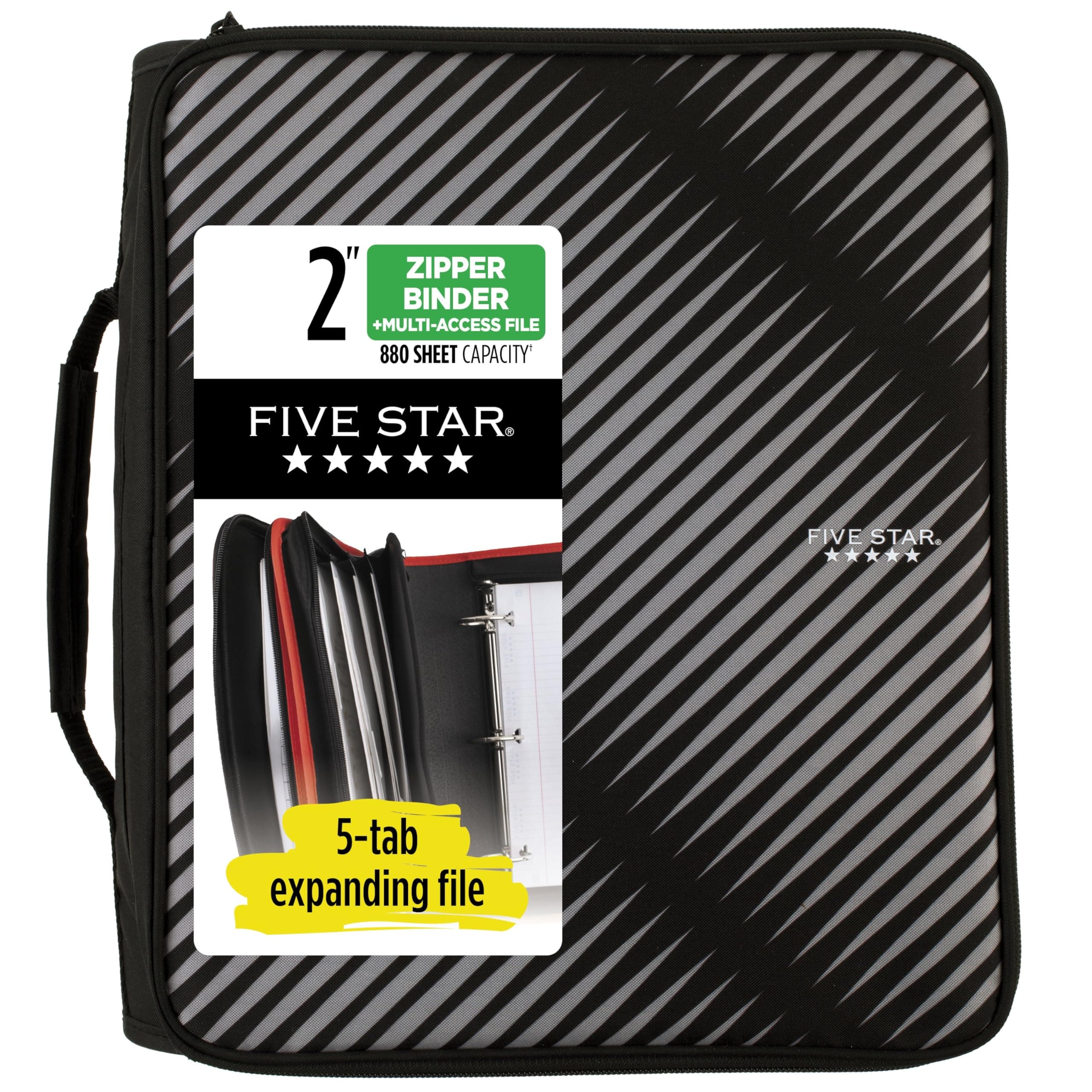 Zipper Binder, 5 cm 3 Ring Binder, 6-Pocket Expanding File, Durable, Black (72536)