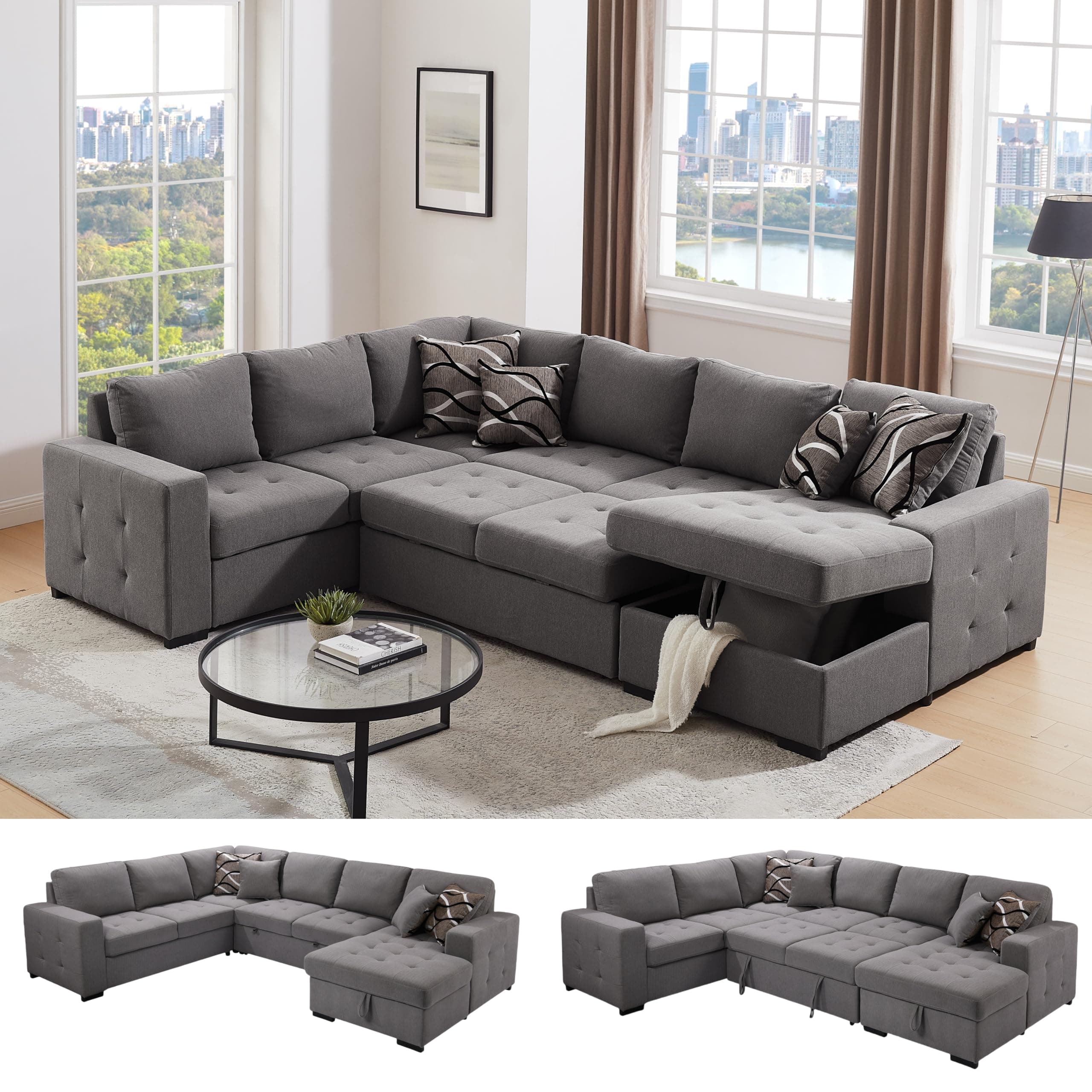 THSUPER 123'' Sectional Sleeper Sofa Couch with Pull Out Bed, 6 Seater U Shaped Oversized Comfy Linen Sleeper Sectional Sofas Couches with Storage Chaise for Living Room, Gray