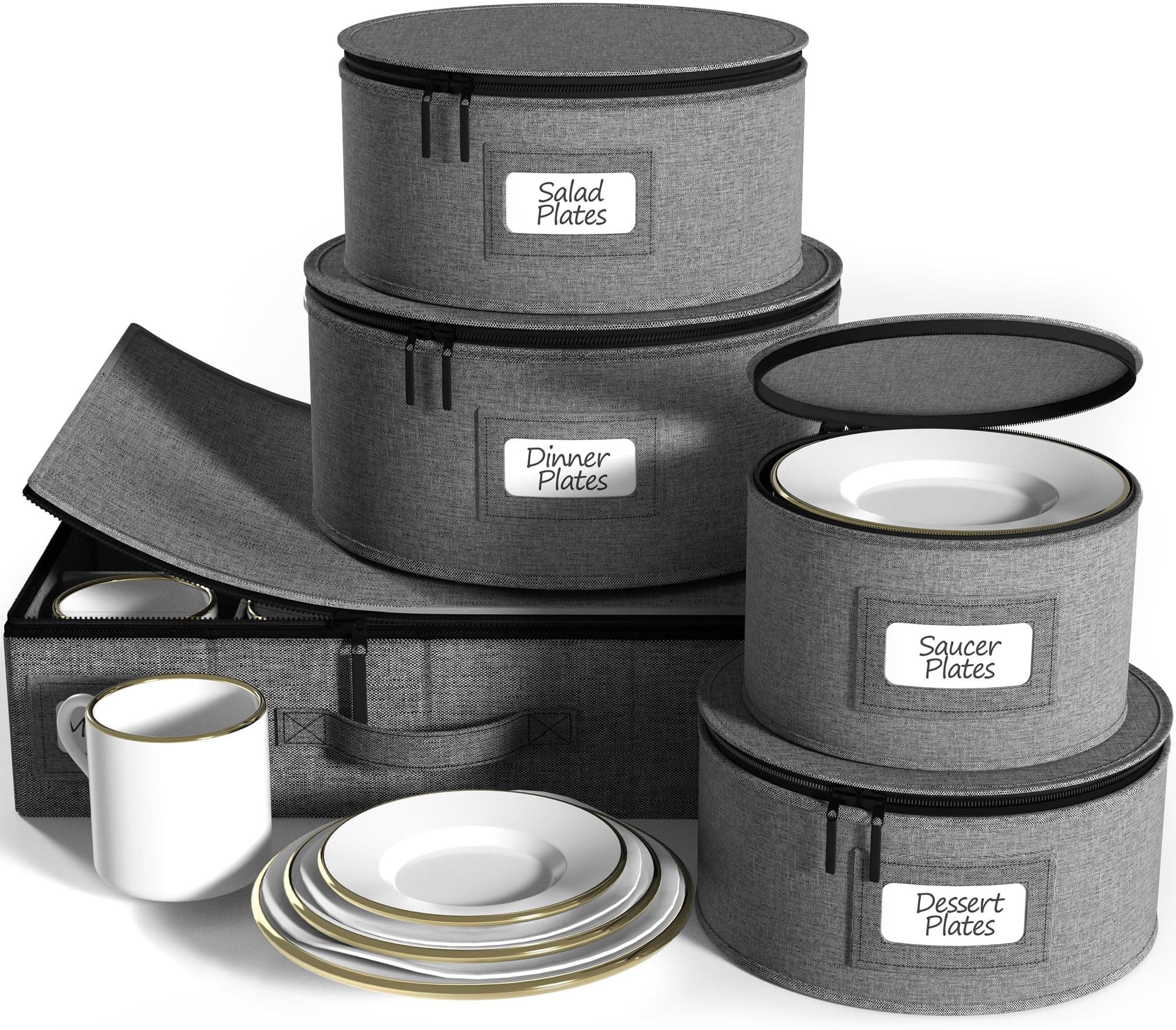 China Dinnerware Storage Organizer Hard Shell 5-Piece Set for Protecting or Transporting — Service for 12 — Round Plate and Cup holder with Quilted Felt for Plate Dividers (Gray)