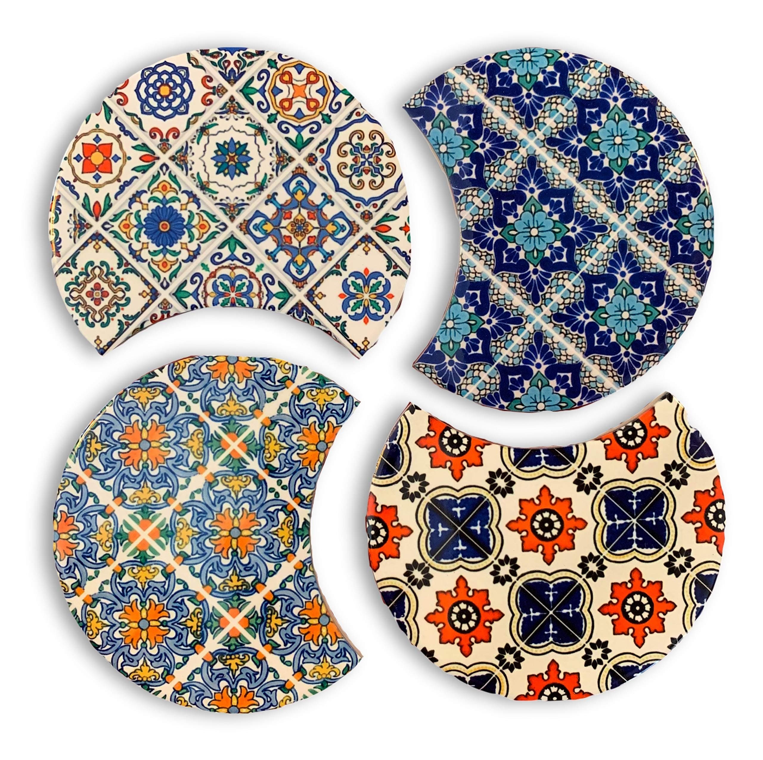 Absorbent Ceramic Cool Coaster Set with Cork Base, Set of 4 Modern Moroccan Boho Table or Bar Coasters or Use as Kitchen Pot Holders, Hot Pad or Trivets for Hot Dishes, Pots and Pans, 4.25"in