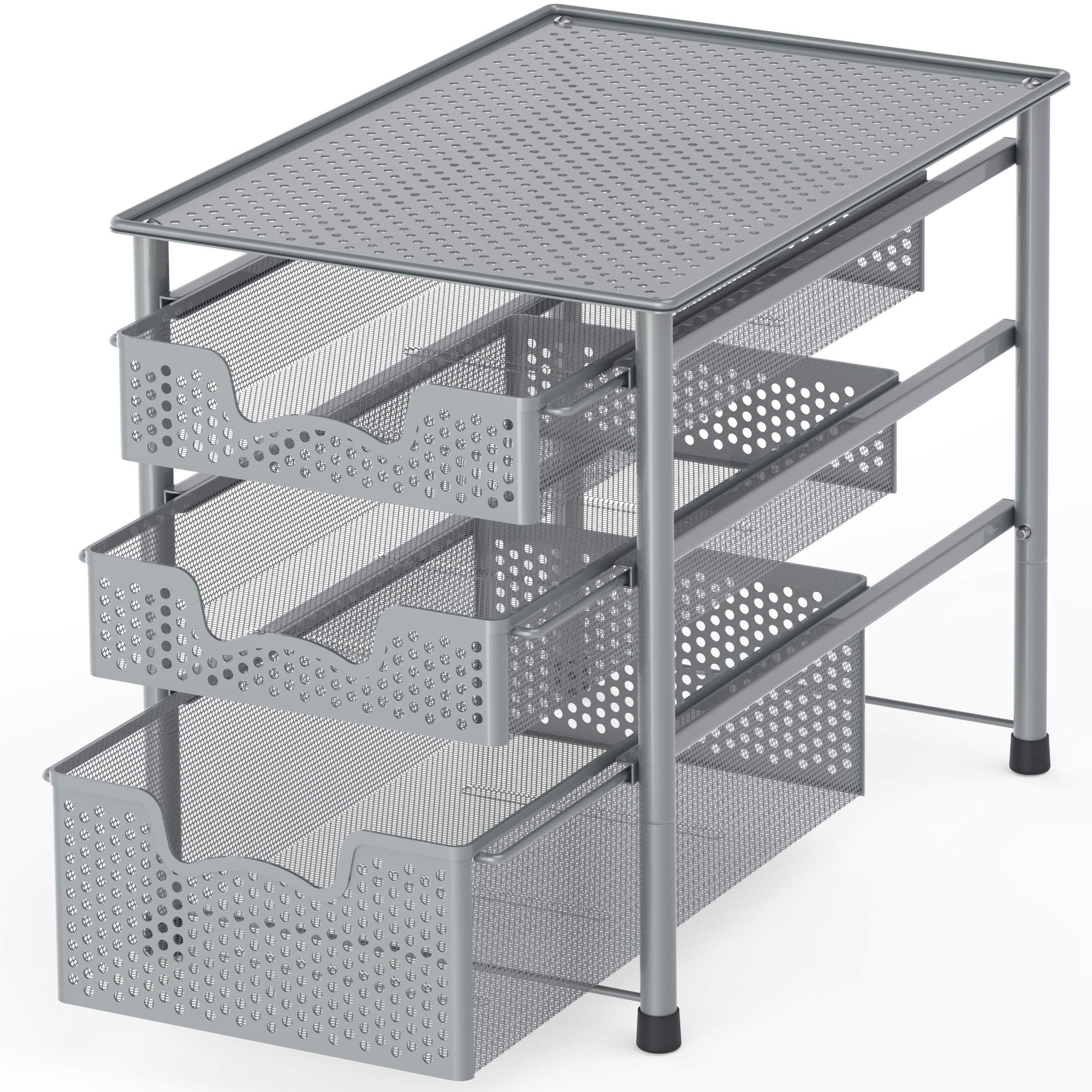 Simple Houseware Stackable 3 Tier Sliding Basket Organizer Drawer, Silver