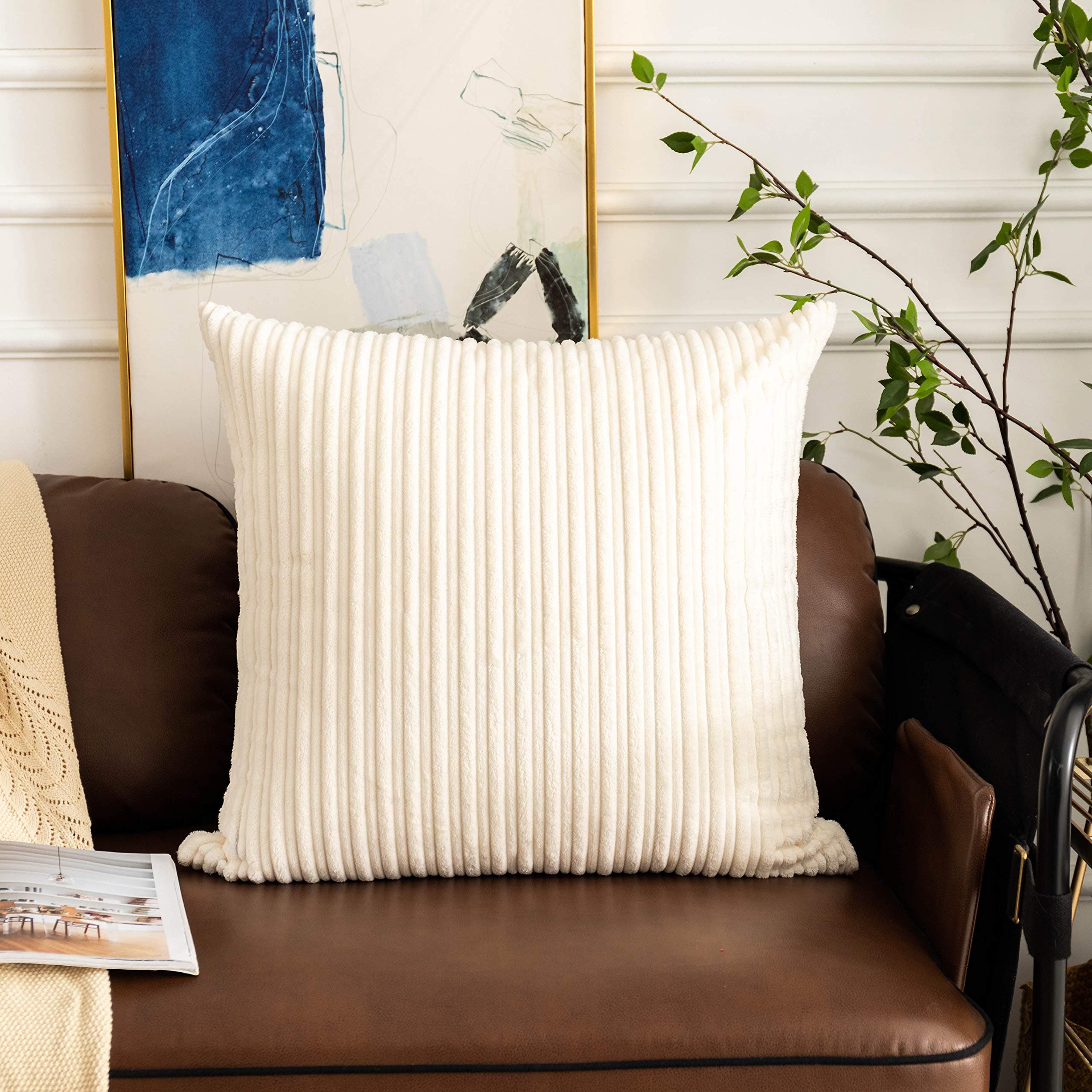 UGASA Soft Striped Throw Pillow Covers Solid Corduroy Decorative Square Set Cushion Cases Pillowcases for Couch Sofa Bedroom, 1 Pack, 24x24 Inch, Cream