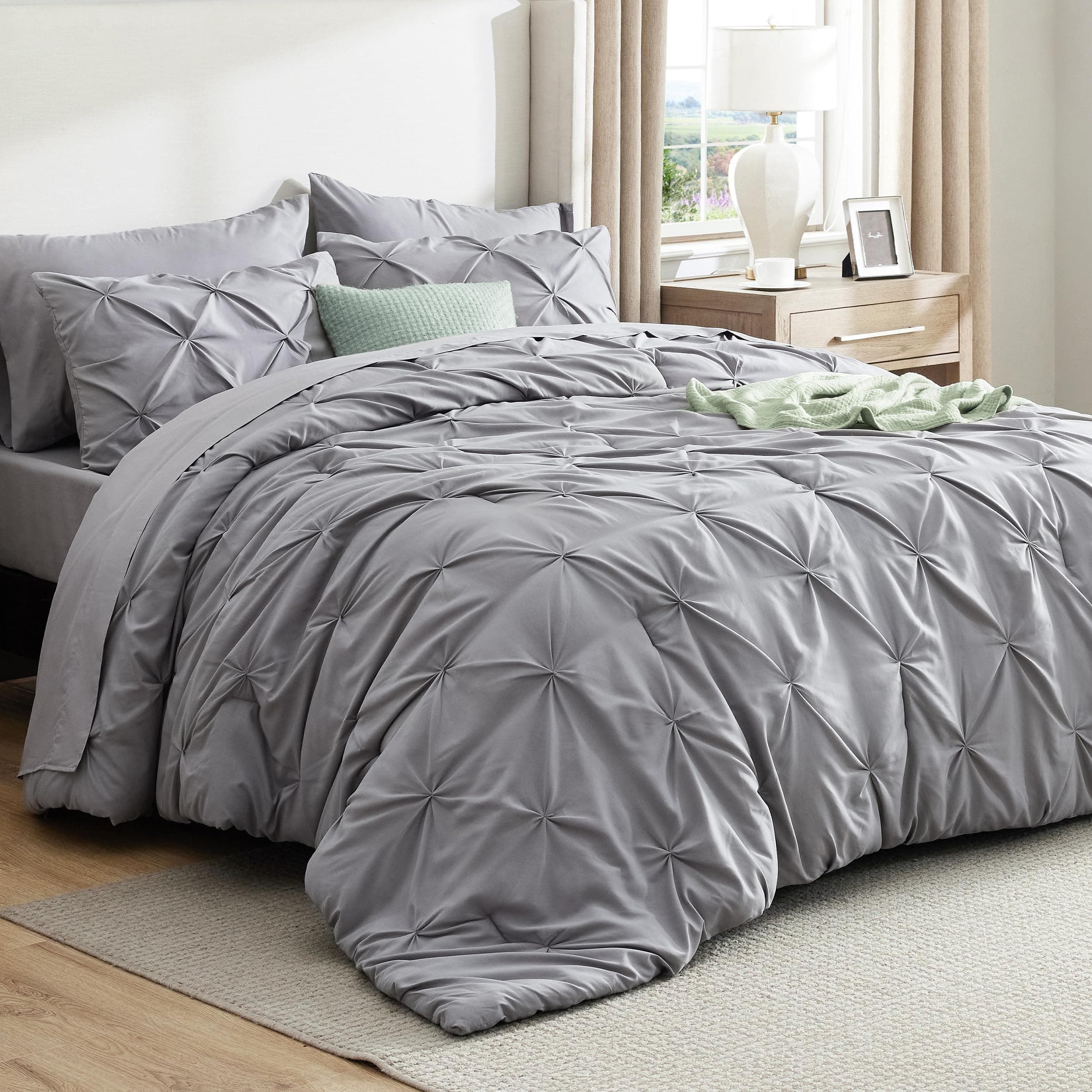 King Size Comforter Set - Bedding Sets King 7 Pieces, Pintuck Bed in a Bag Grey Bed Set with Comforter, Sheets, Pillowcases & Shams
