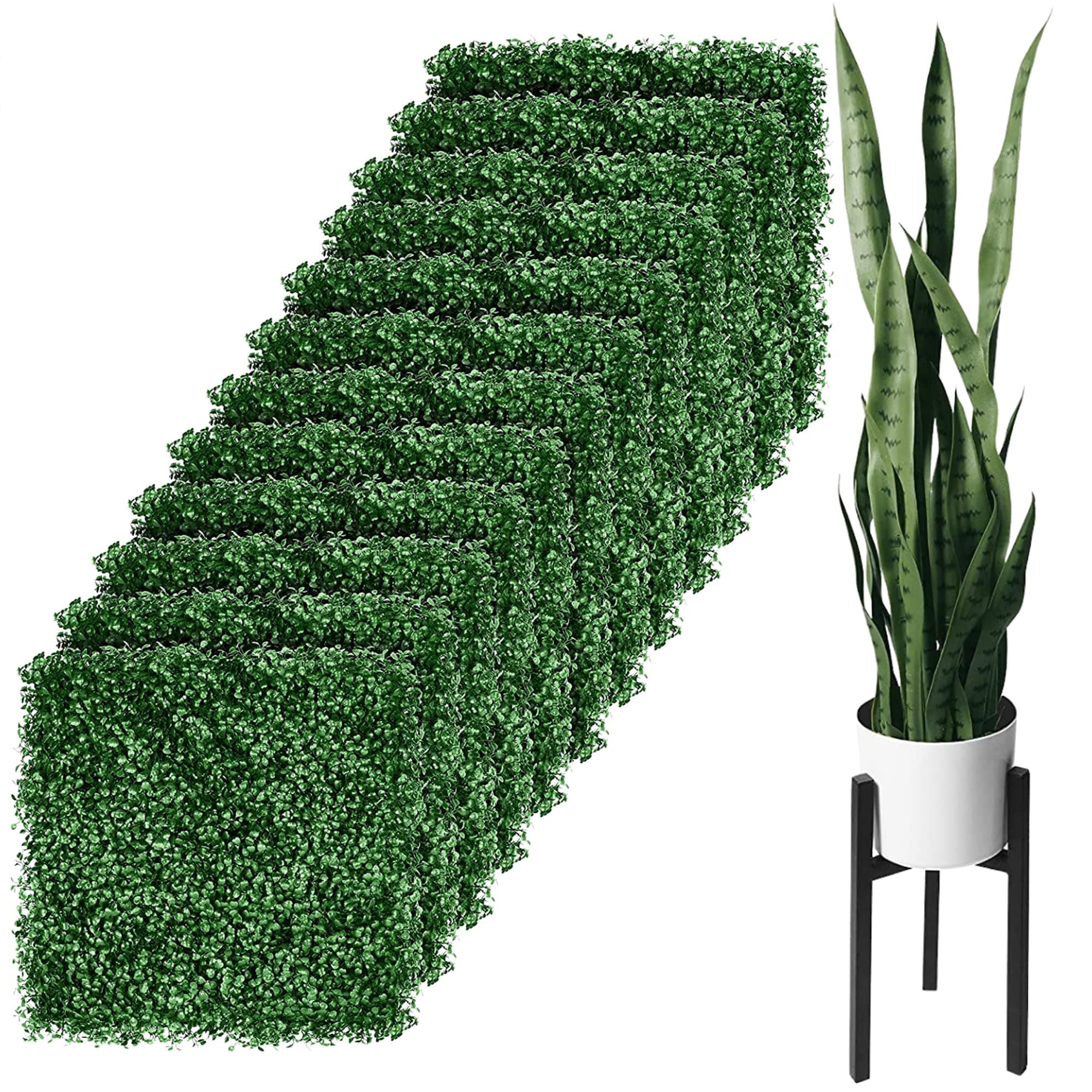 flybold12 Pack 38" x 20" Green Modern Rustic Blend Artificial Boxwood Hedge Wall Panels with 28 Tall Leaves & White Pot & Black Stand