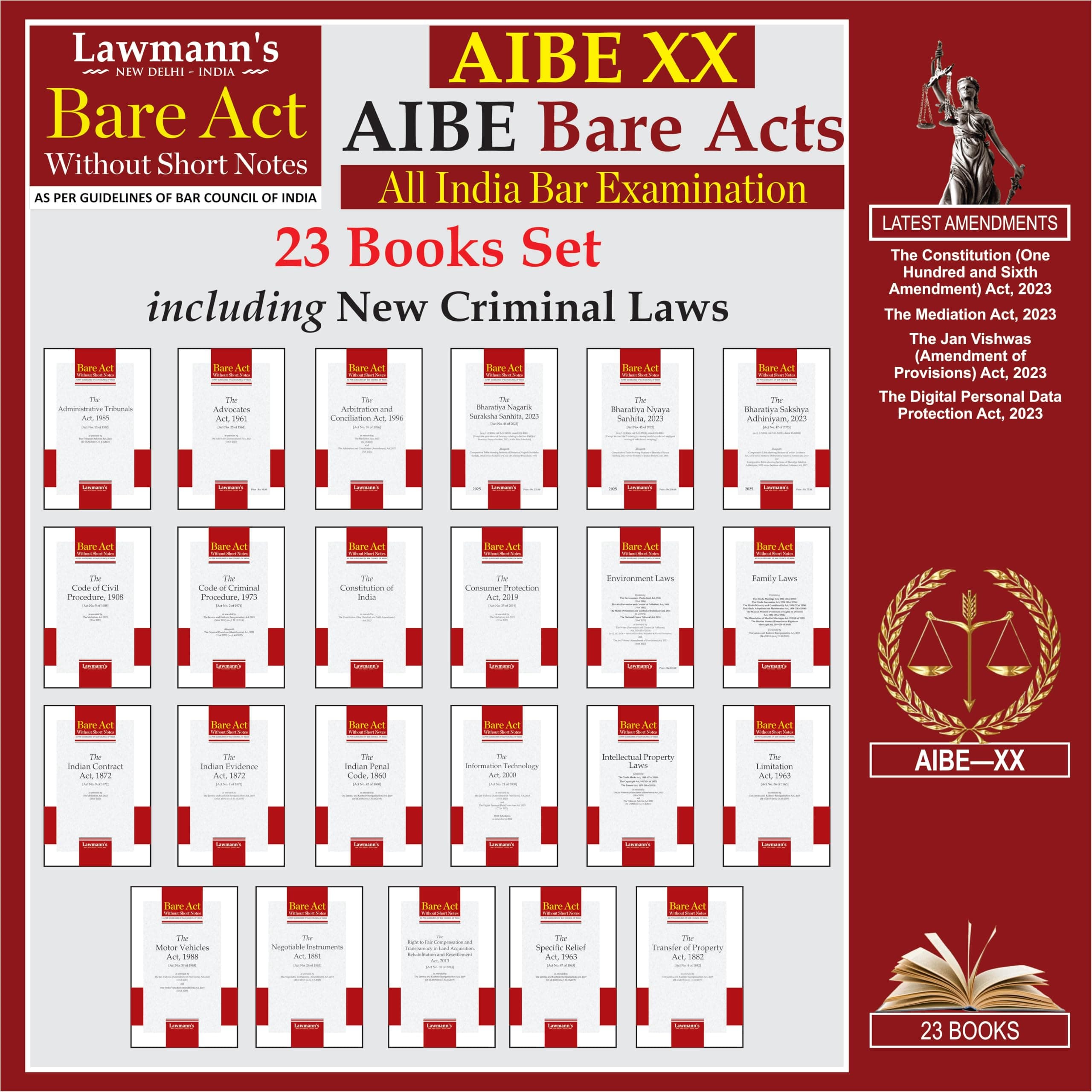 AIBE Bare Acts without Notes | 23 Books Set Combo | 45+ Acts including New Criminal Laws BNSS, BNS, BSA | As per Bar Council of India Guidelines