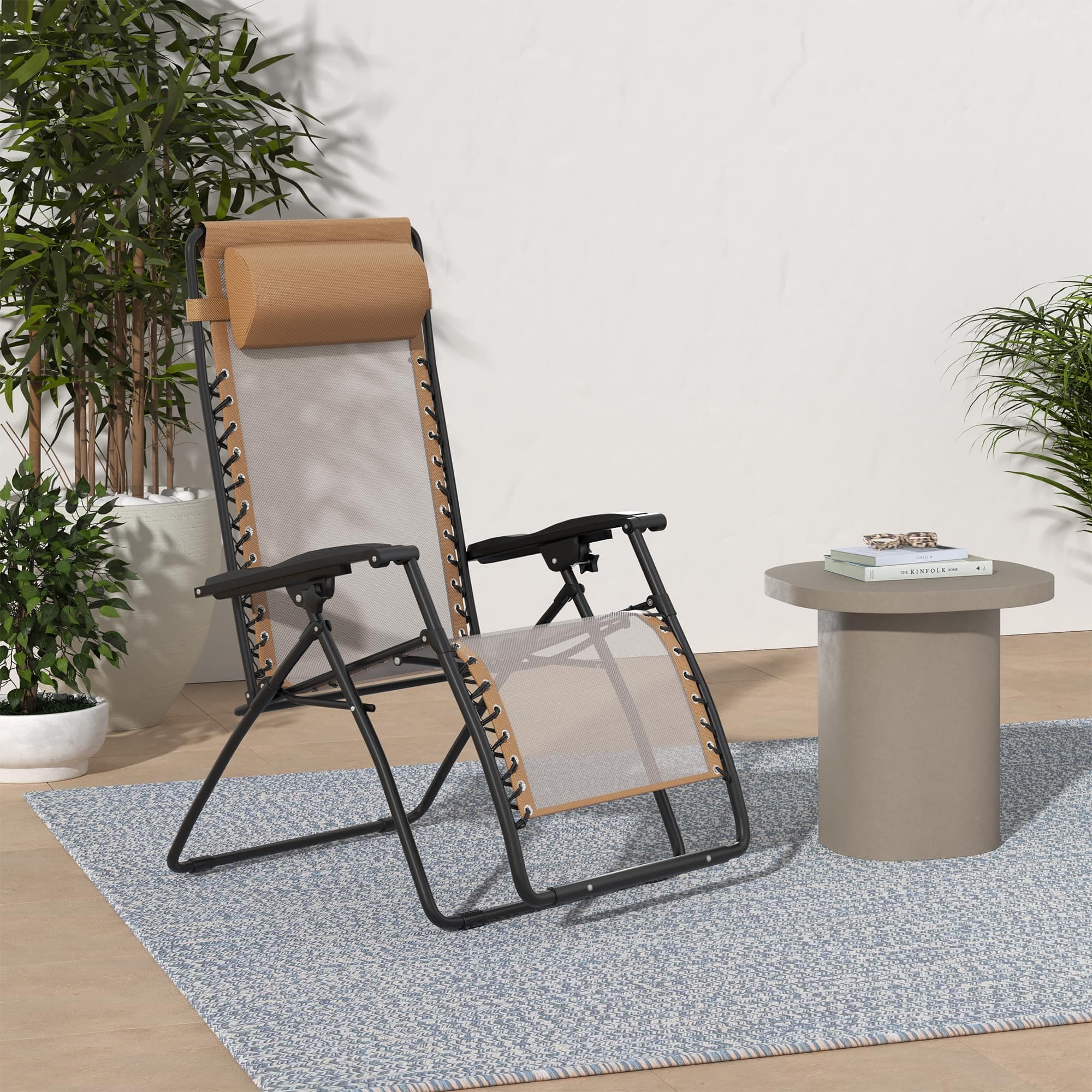 Outdoor Textilene Adjustable Zero Gravity Folding Reclining Lounge Chair with Pillow (Beige) | Alloy Steel