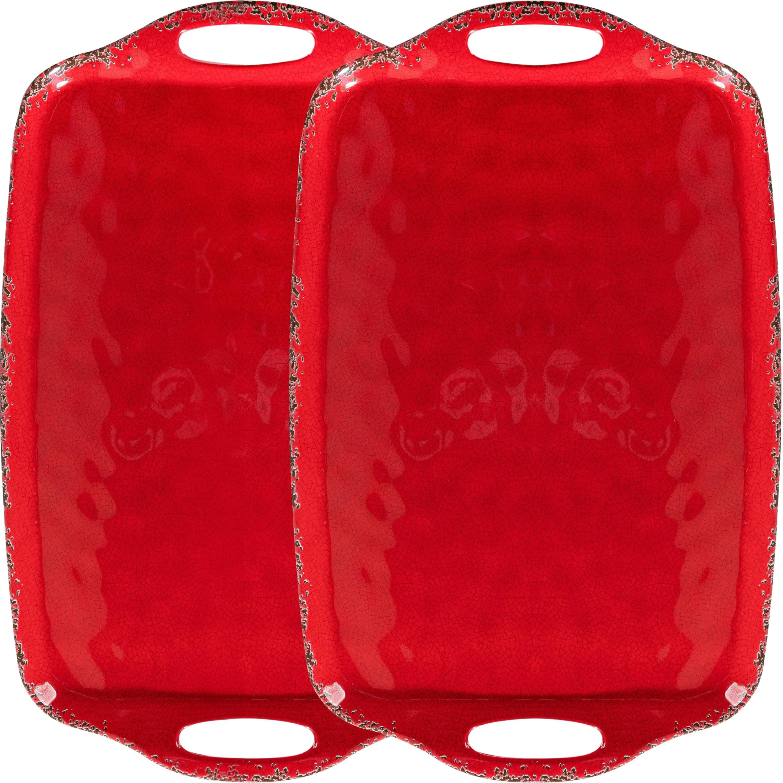 2 Piece Melamine Serving Tray with Handle, Crackled Rustic Large Rectangle Melamine Serving Platter/Tray for Serving Food, Coffee Table Tray, Entertaining & Party Use, Red