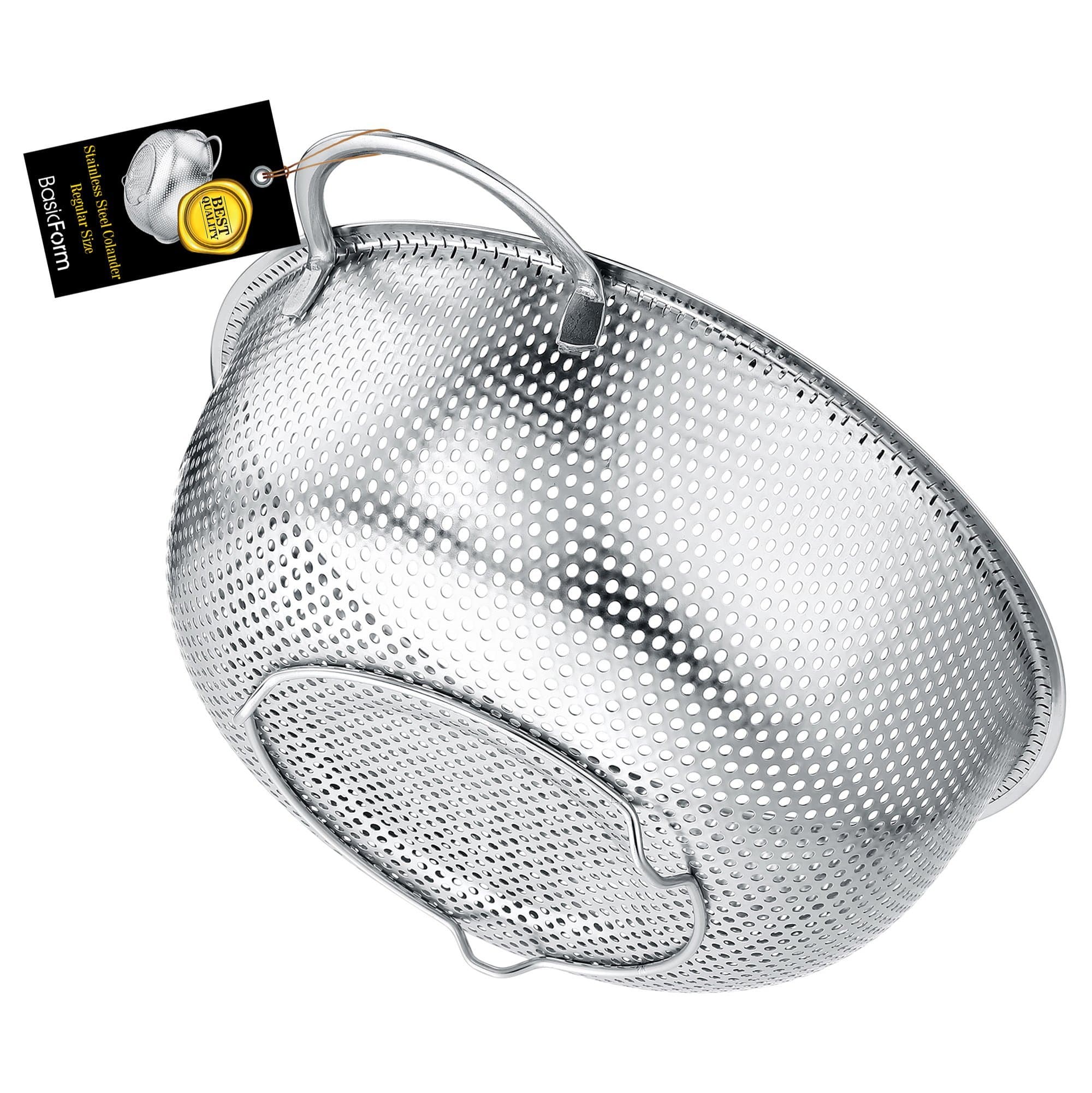 BasicForm Stainless Steel Micro-perforated Colander with Handles and Base 9 Inches Wide 3.6 Inches Deep