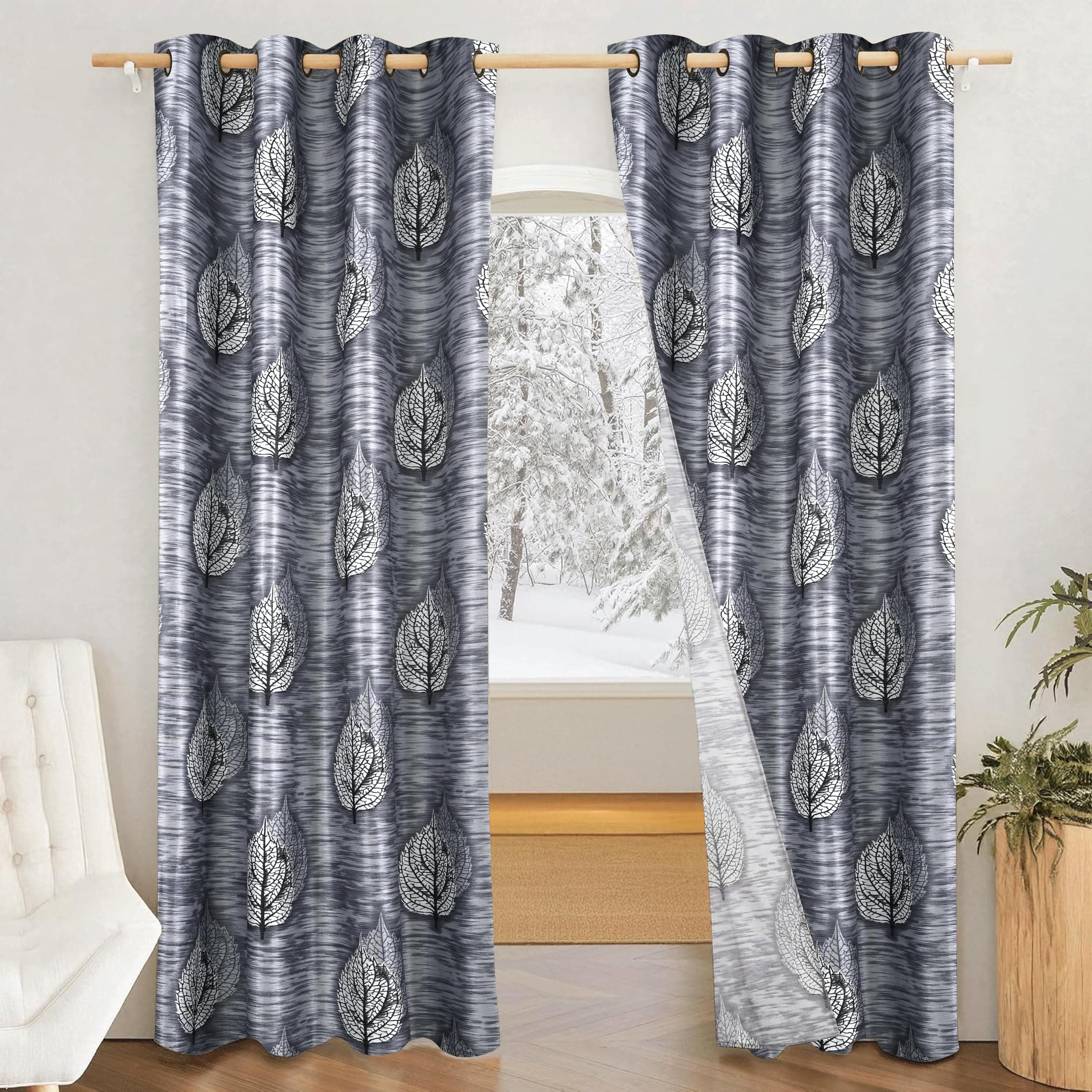 Amazon Brand - Solimo Polyester 75% Blackout Leaf Print Window Curtains|75% Room Darkening| 5 Feet |Set of 2| Leaf Print Design | for Living Room Kids Room and Bedroom | Color- Grey| Light-Filtering