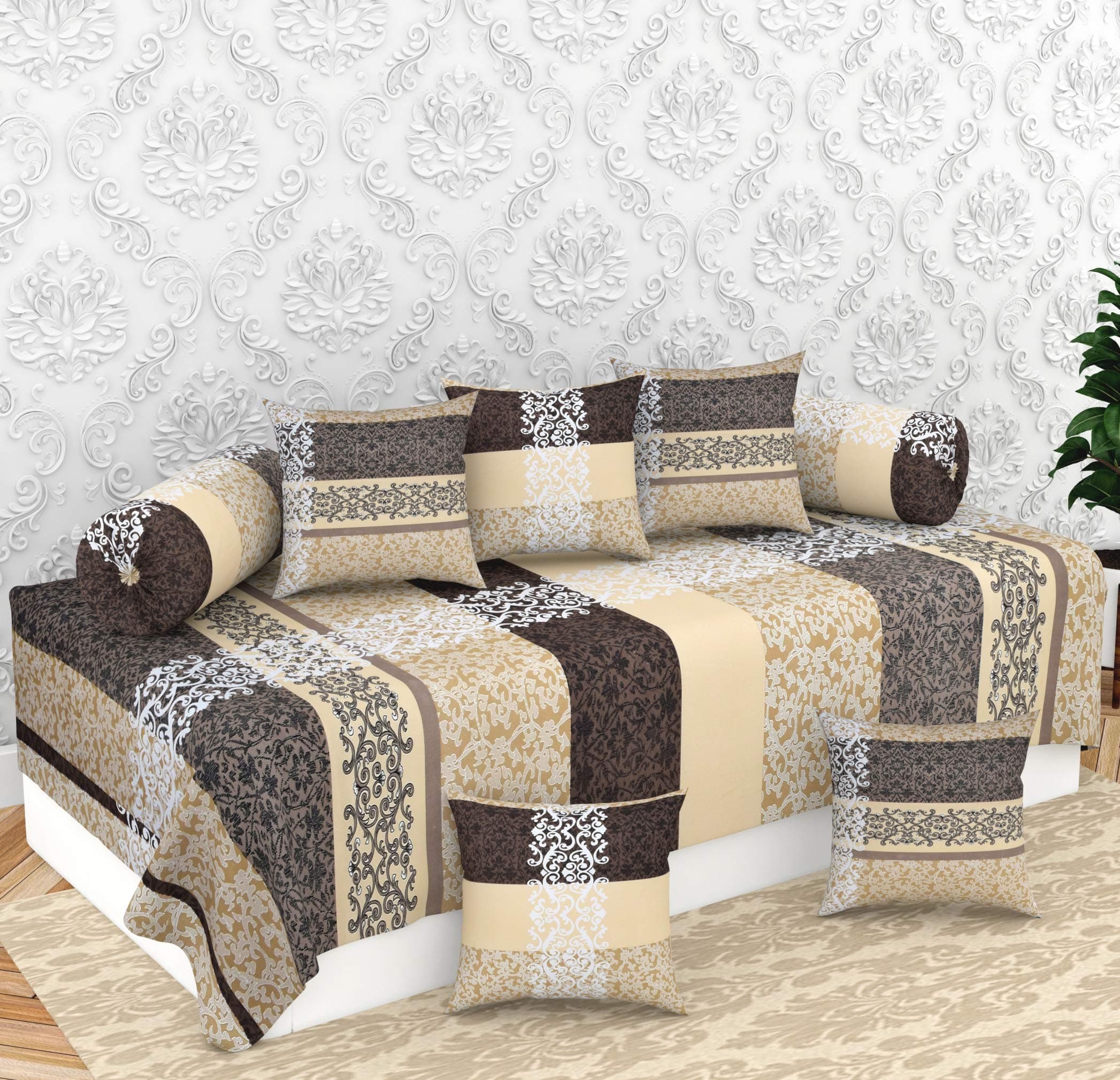 BROMWICK Damask Printed Microfiber Diwan Set 8 Pieces, 1 Single bedsheet, 5 Cushions Covers and 2 Bolster Covers - Cream