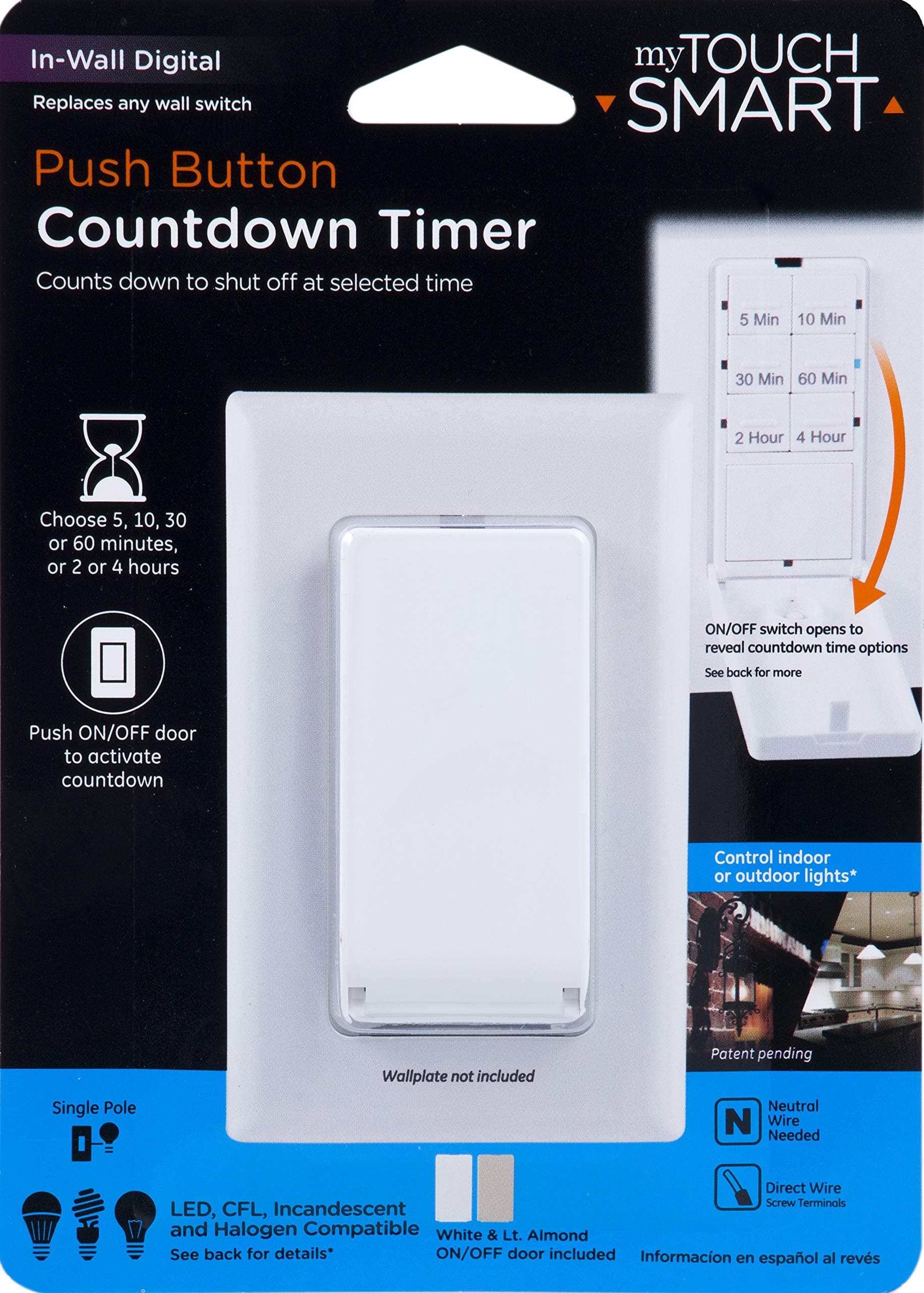 Push Button In-Wall Digital Countdown Timer Switch, ON/OFF Door Button, 5-10-30-60 Min. and 2 – 4 Hr Presets, for Lights, Exhaust Fans, Heaters, White/Lt. Almond Doors Included, 40953