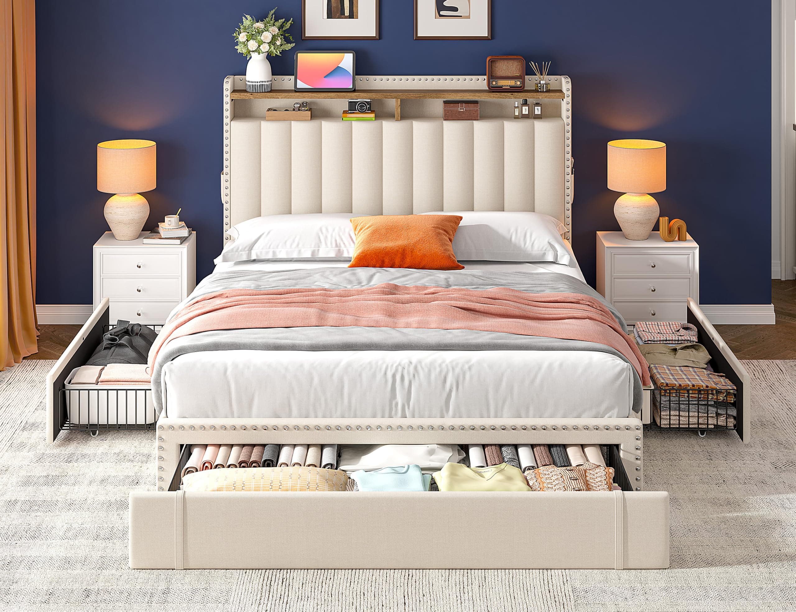 EnHomee Full Size Bed Frame, Upholstered Full Bed Frame with 3 Storage Drawers & 2-Tier Headboard Shelves, 900LBS Heavy Duty, No Box Spring Needed, Easy Assembly, Beige