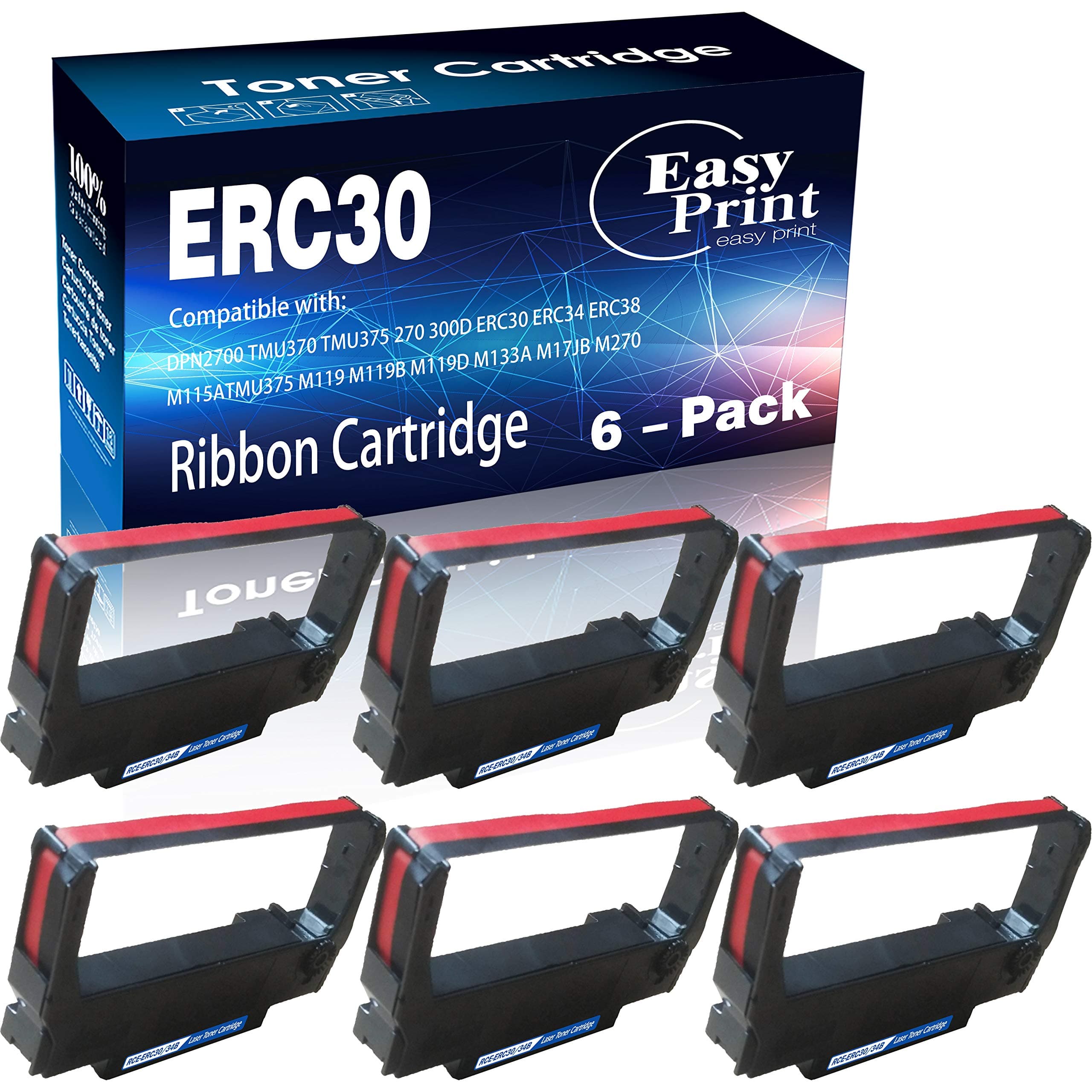 EP 6 Pack ERC-30 ERC 30 34 38 (Black/Red) Compatible with Ribbon Cartridge for use in son M119 M119B M119D M133A M270 M17-JB M52-JB TM-U325 TM-U370 TM-U375, Sold by EasyPrint