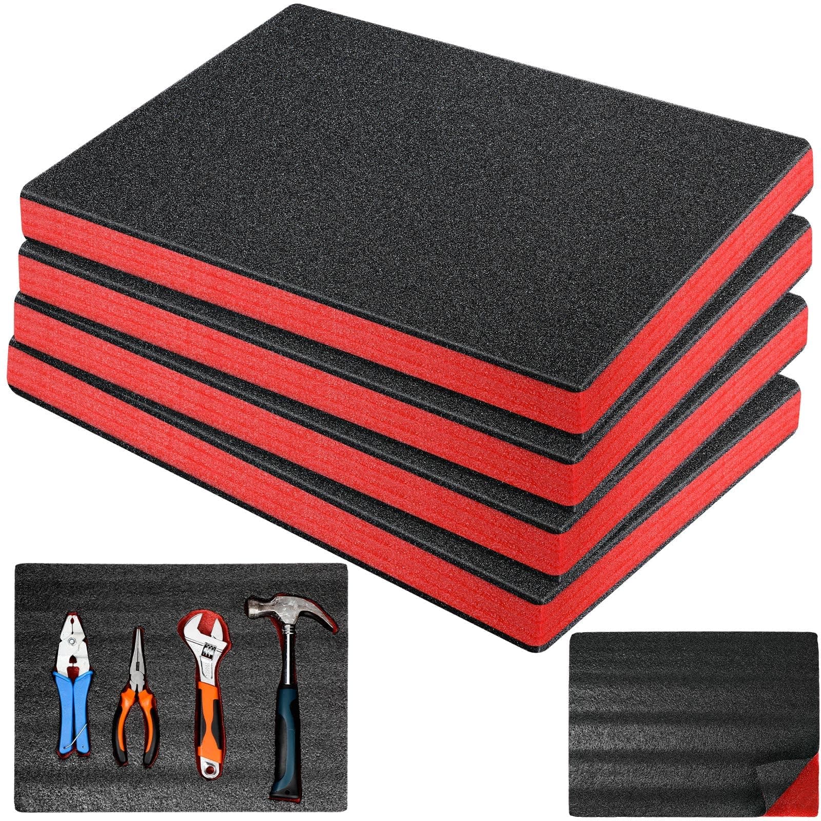 4 Pcs Cuttable Polyurethane Foam Pads Foam Sheets Craft Foam Black Tool Box Foam Insert for Cases Packing Padding Camera Toolbox Storage (Red, Black,16 x 12 x 1 Inch)