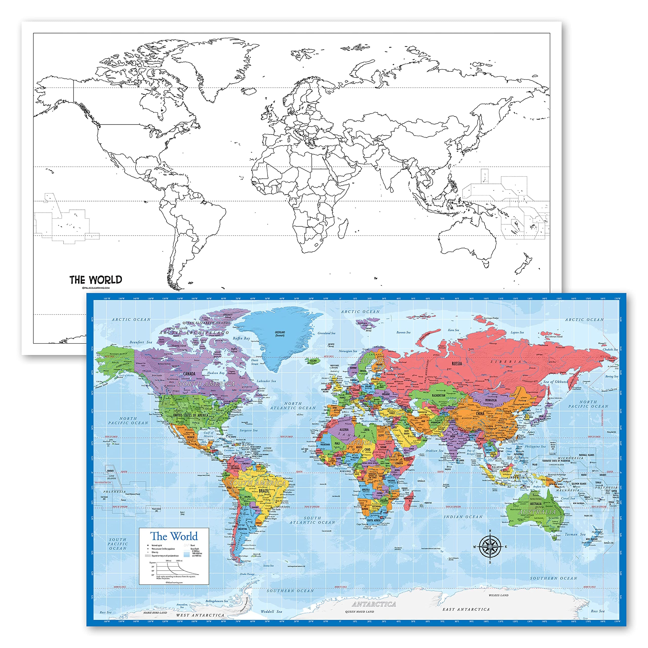 2 Pack - Blank World Map Outline Poster + World Map Chart [Blue Ocean] LAMINATED, 18" x 29" (For Use With Wet Erase Markers)