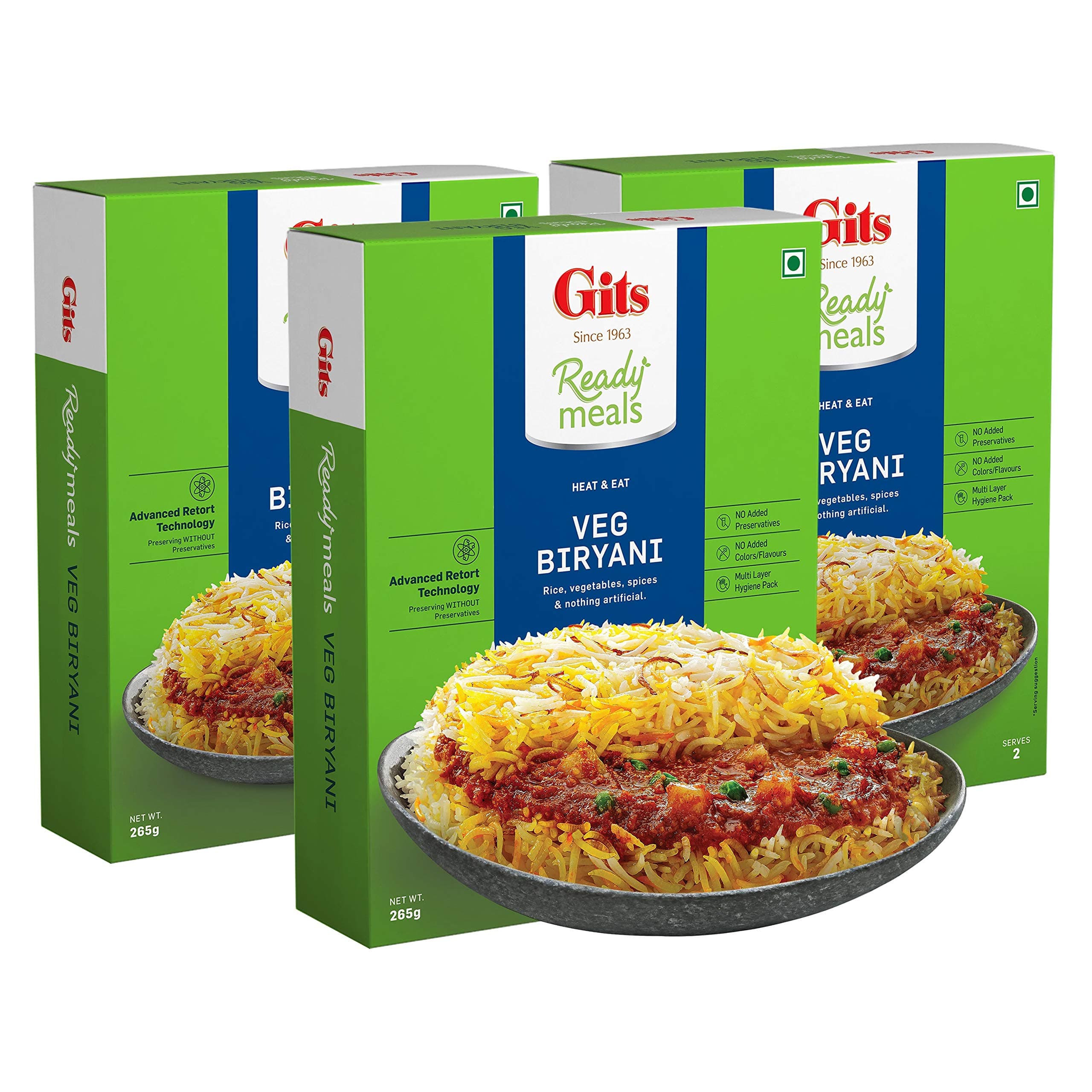 Gits Ready to Eat Veg Biryani, Layered Rice Dish, Microwaveable, 795g (Pack of 3 X 265g Each)