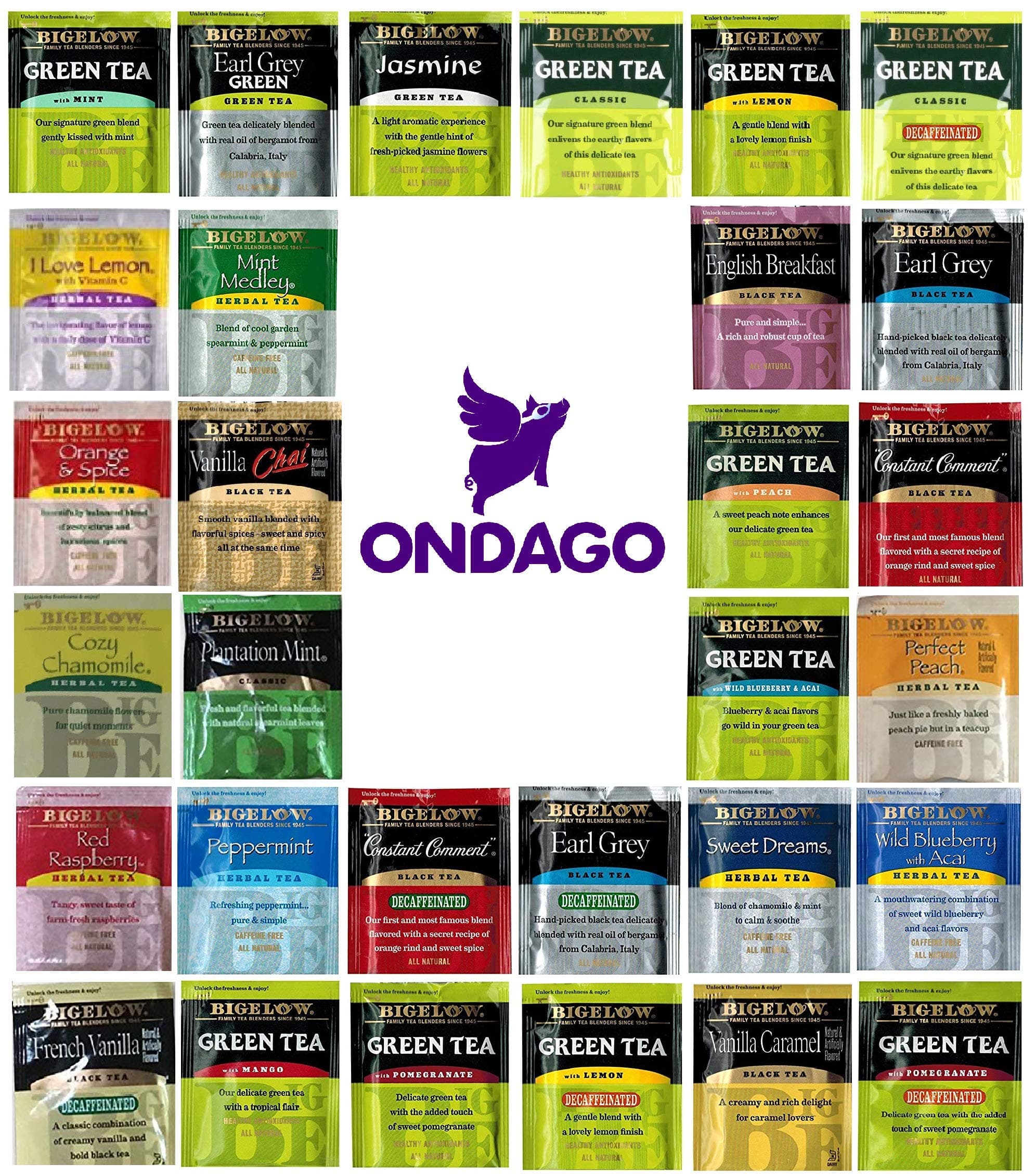 Assorted Sampler Tea Gift Box- 60 Individually Foil Wrapped Bags, 30 Different Flavors : Green Teas, Herbal Teas, Black Teas and More. The Perfect Set Bundled with Ondago Honey Sticks