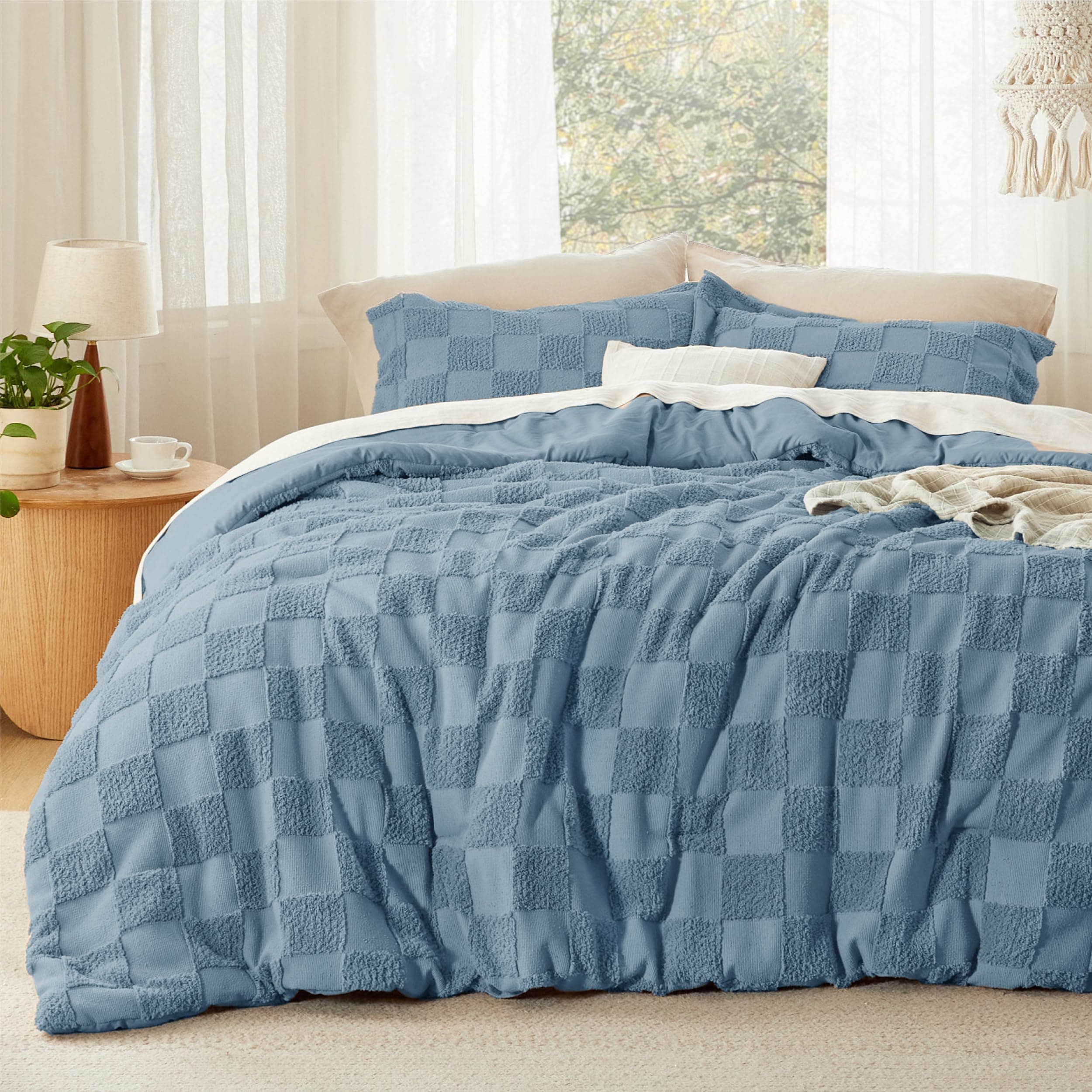 Queen Size Comforter Set Mineral Blue, Boho Tufted Bedding Comforter Set, Checkered Farmhouse Shabby Chic Bed Set, 3 Pieces, 1 Plaid Geometric Comforter and 2 Pillow Shams