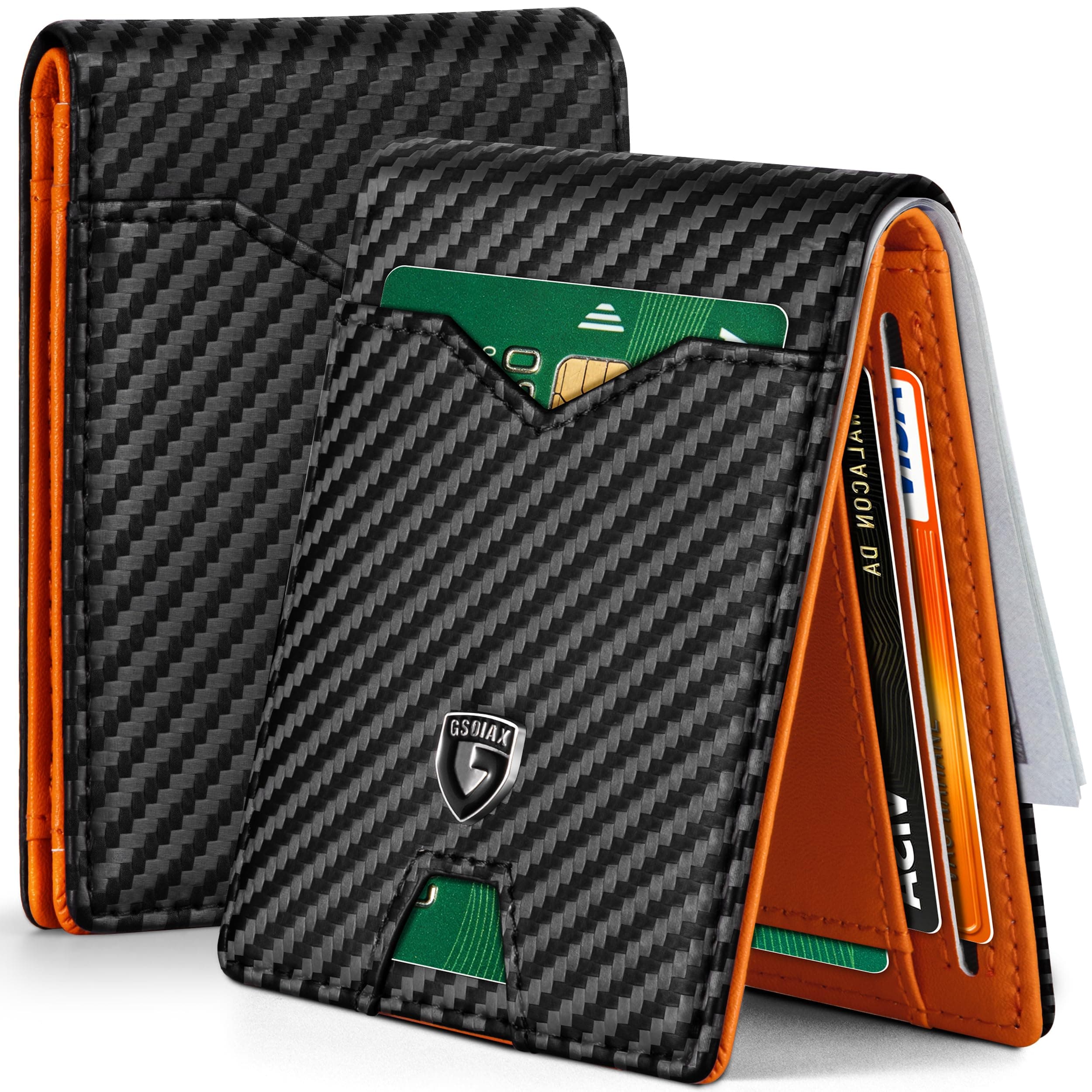 Slim Wallet for Men Rfid Blocking Leather Bifold Front Pocket Carbon Fiber Credit Card Holder Novelty Wallets With Gift Box (Carbon Black and Orange)