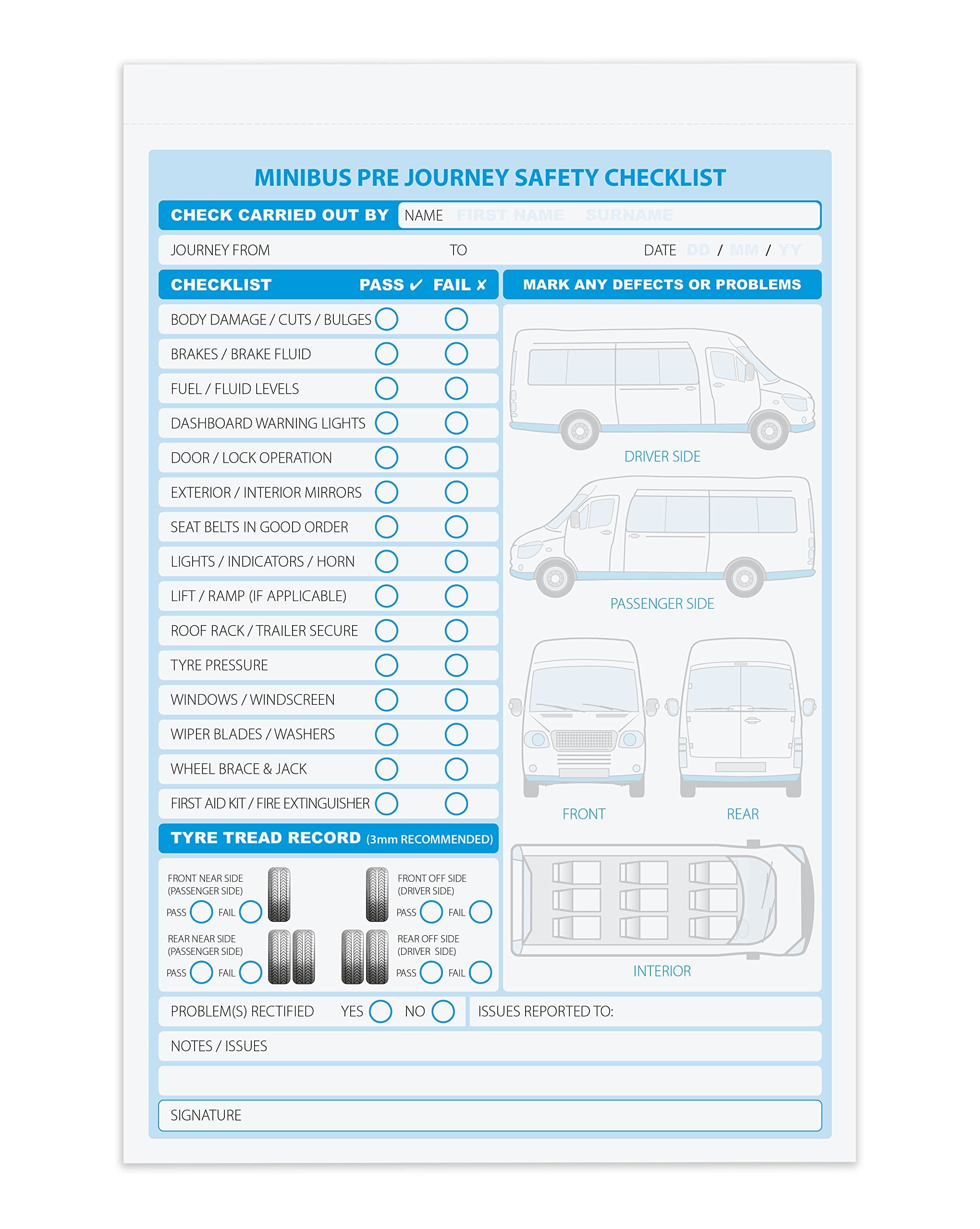 A5 Minibus defect/Check List Book, 2 Part, Duplicate, 50 Sets per Book