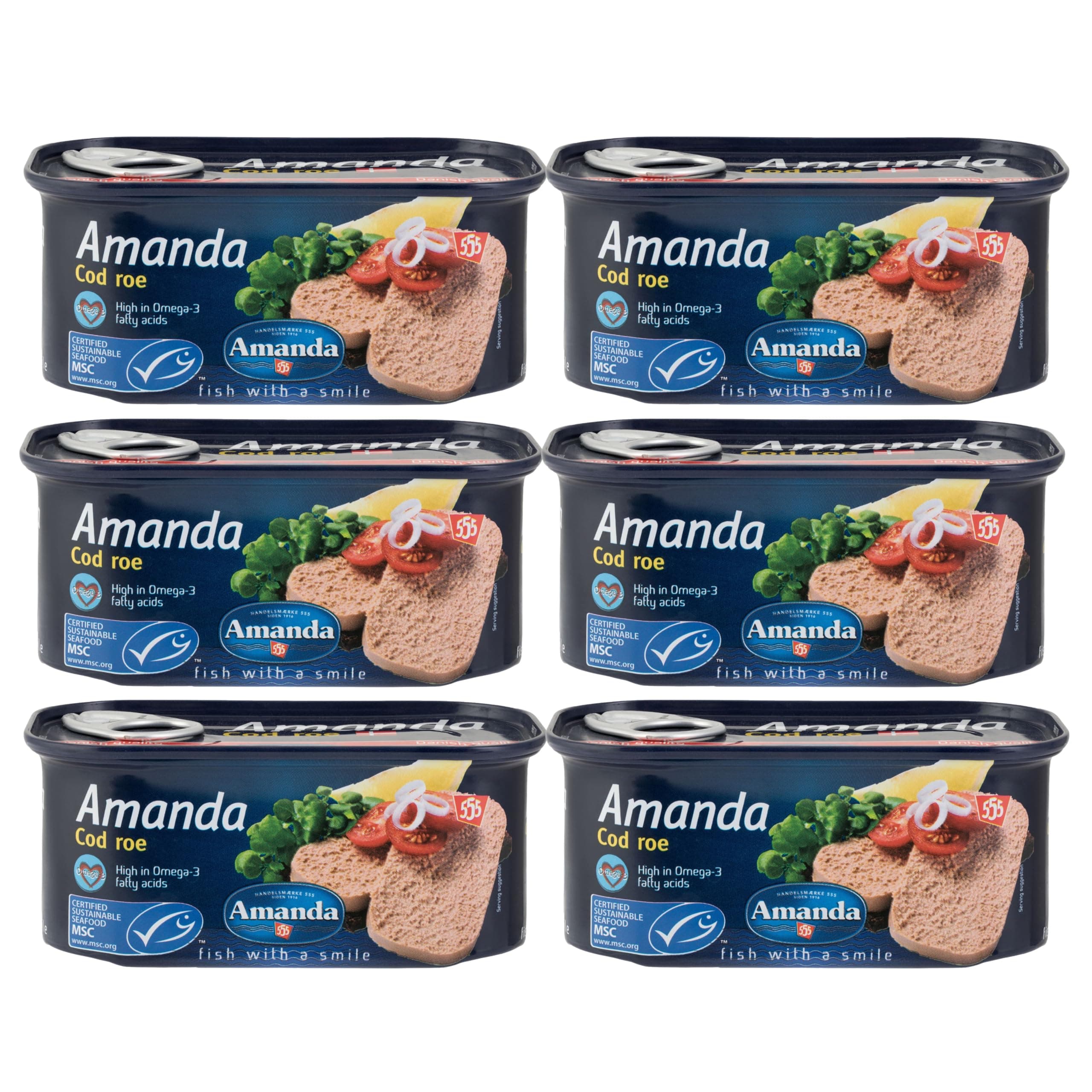 Amanda 555 Pressed Cod Roe – 6 × 200 g Rectangular Ring-Pull Tins | The Original Cod Roe | High Protein, Omega-3, Vitamin D & B12 | MSC Certified, Sustainable & Ready-to-Serve (6 x 200g)