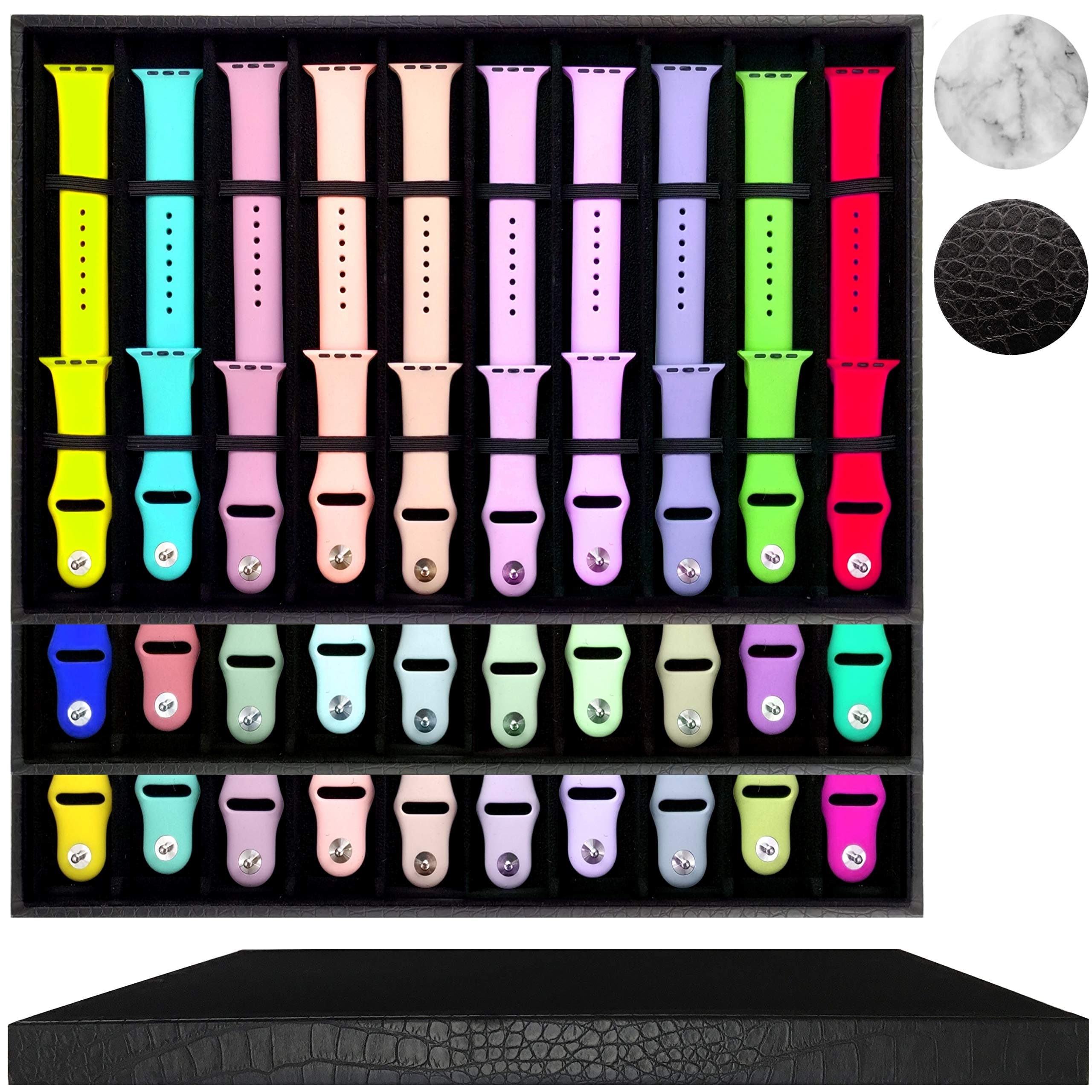 Zero Mass Stackable Luxurious Storage Case Organizer for Apple Watch Bands, Stores 10-20 Smartwatch Straps (Black Snakeskin)