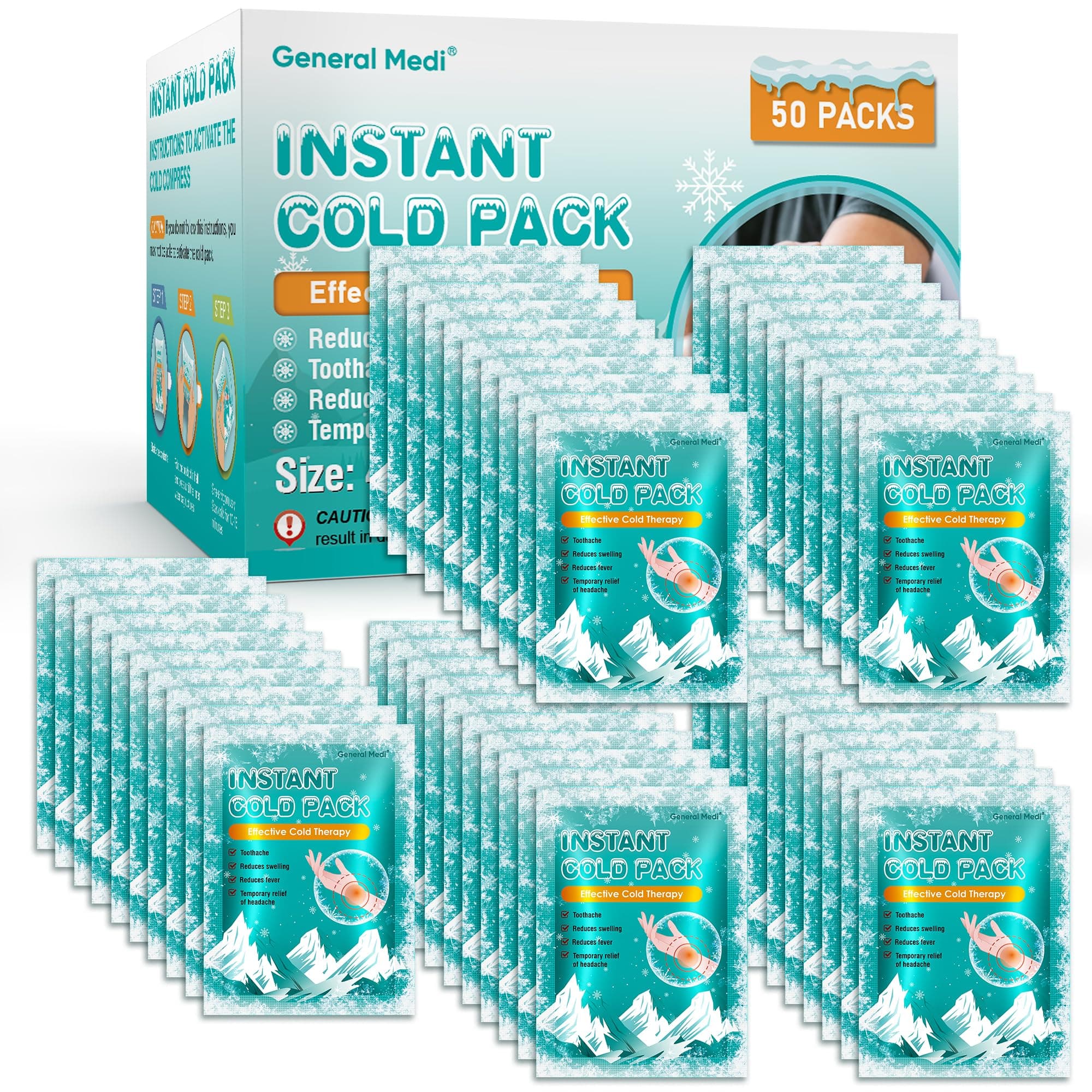 General Medi Instant Ice Cold Pack (4”x 5.5”) – 50 Packs Disposable Cold Therapy Ice Packs for Pain Relief, Swelling, Inflammation, Sprains, Toothache – for Athletes & Outdoor Activities