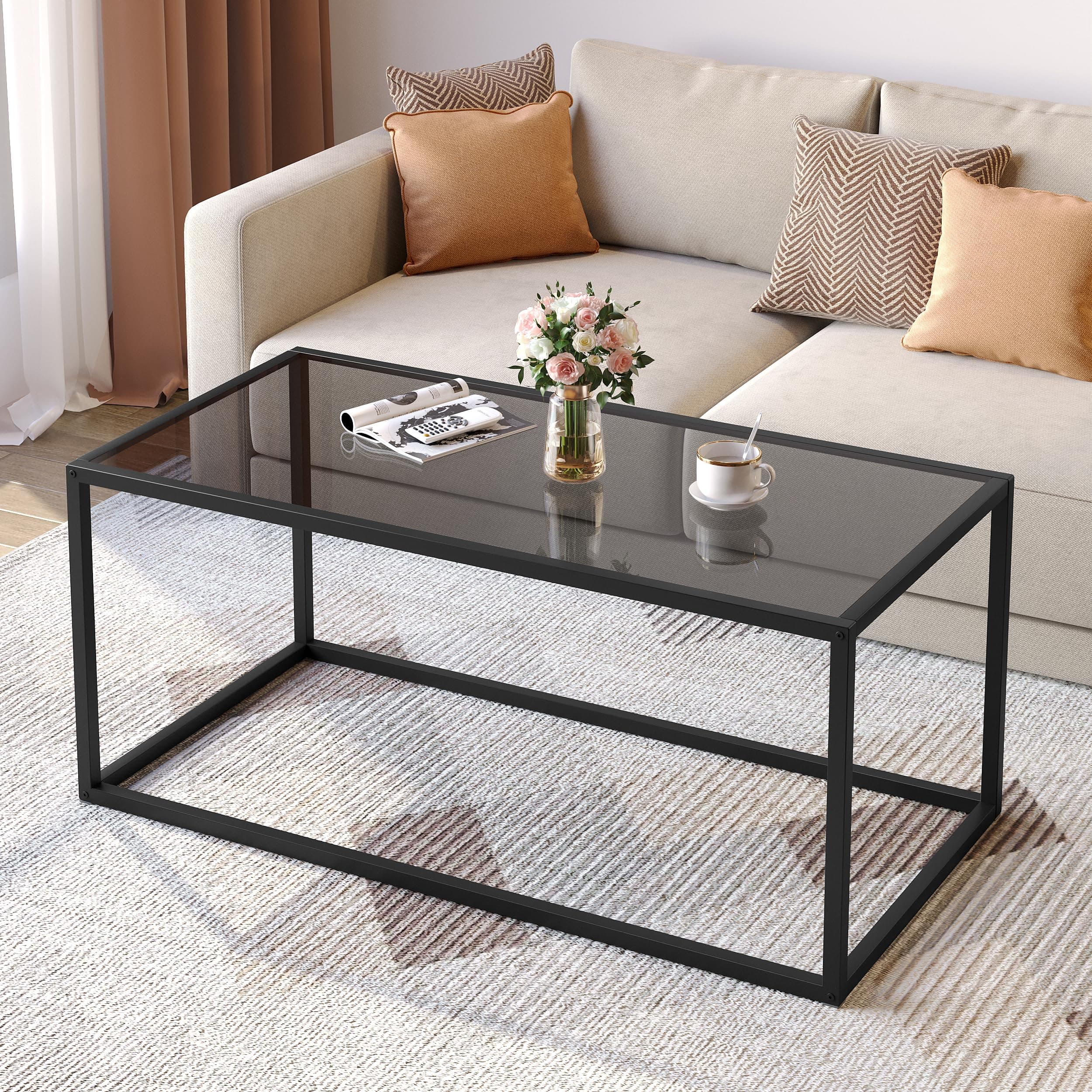 SAYGOERCoffee Table,Tempered Glass Rectangular Center Tables,Modern Tea Table with Open Space for Living Room,Apartment, Office, Small Space,Easy Assembly,Gray Black