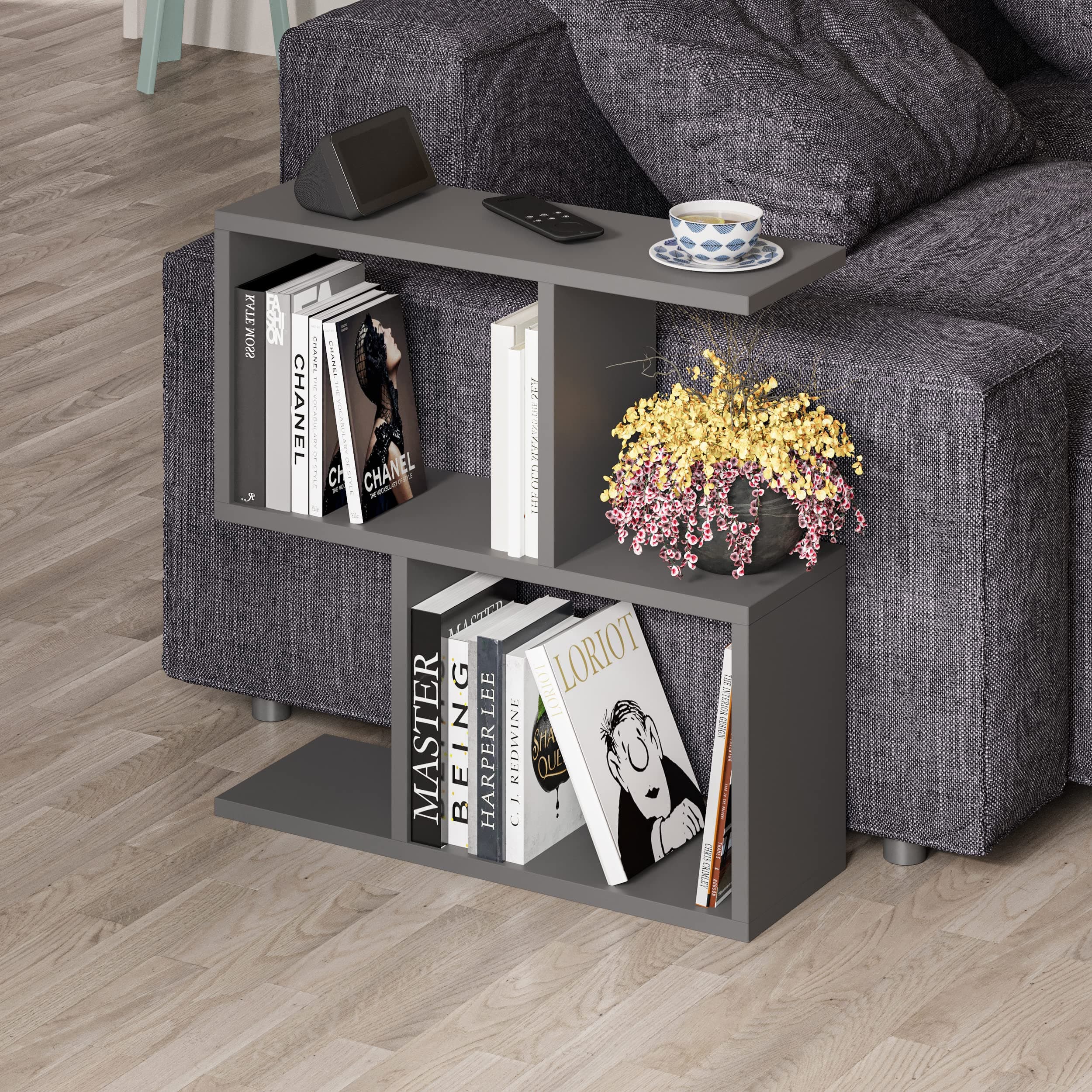 2 Tier Storage End Side Table | Versatile C Table | 60x60x19.5cm | Shelves Organizer | Office Living Room | End Desk Stand Display (Anthracite)