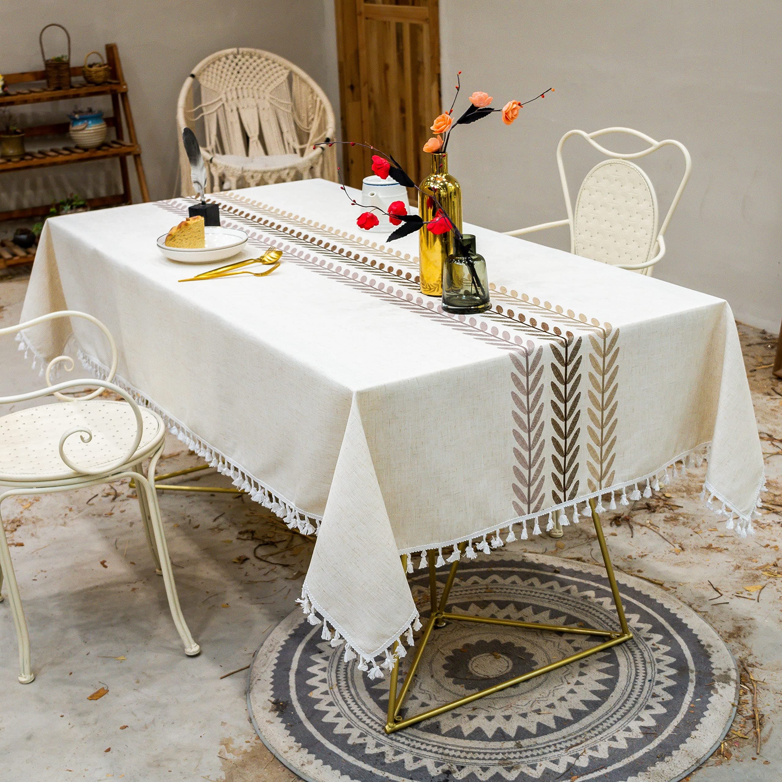 Rectangle Table Cloth, Vecolla 2-4 Seats Heavy Duty Table Cover, Cotton Linen Waterproof Table Mat Soft and Wrinkle Free Dining Table Cover Cloth with Tassels(140X180cm)