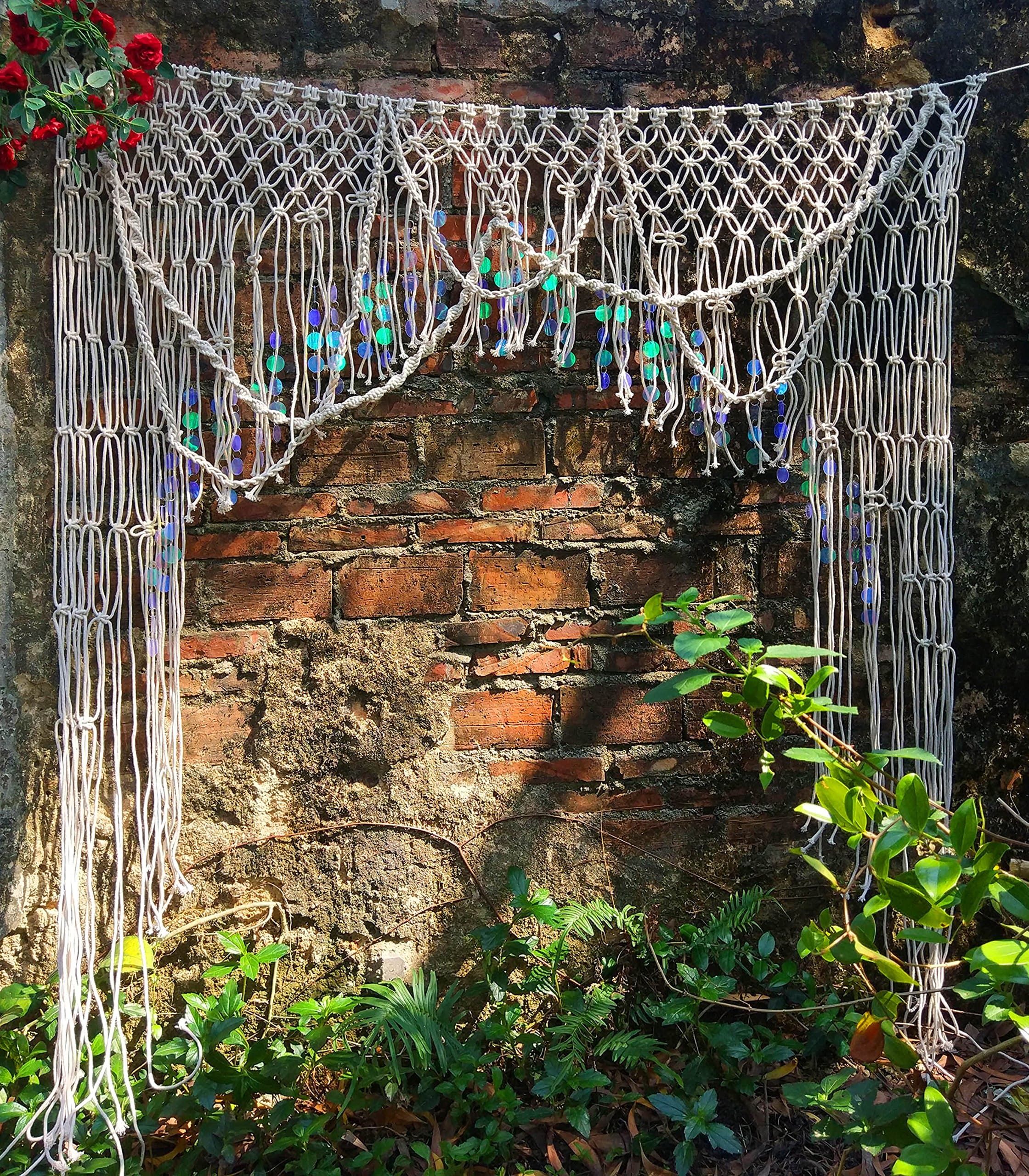 Large Sequin Macrame Wall Hanging Tapestry- Macrame Curtains for Door,Window,Closet,Room Divider Wedding Backdrop Boho Home Wall Decor, 59" W x 78" L